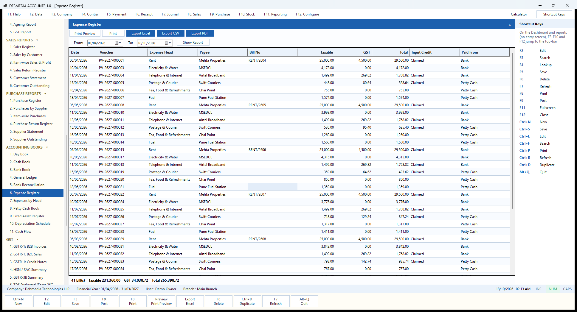 Debmedia Accounts Expense Register: The Expense Register: every expense bill with voucher, head, payee, bill number, taxable, GST, total, whether input credit was claimed and where it was paid from.