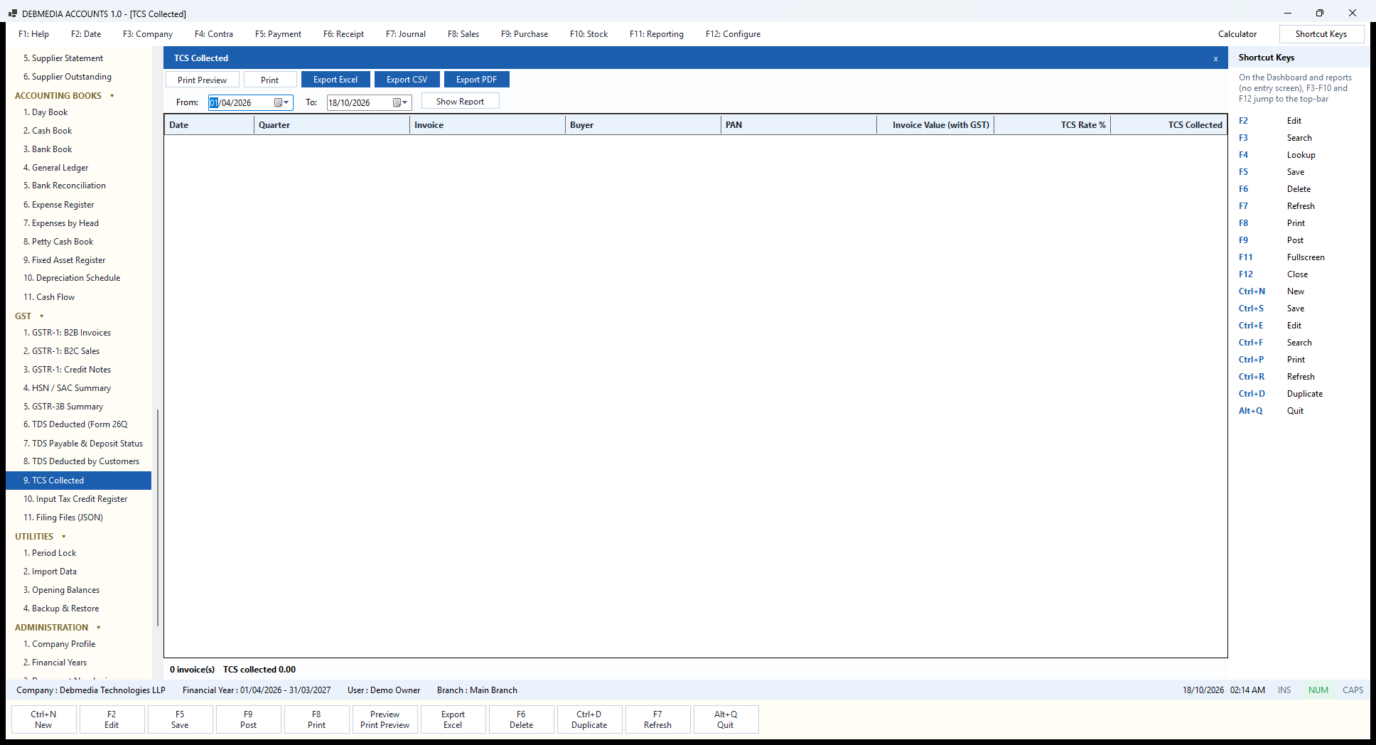 Debmedia Accounts TCS Collected: The TCS Collected report: tax collected at source on sales, by invoice, with the buyer's PAN and the TCS rate.