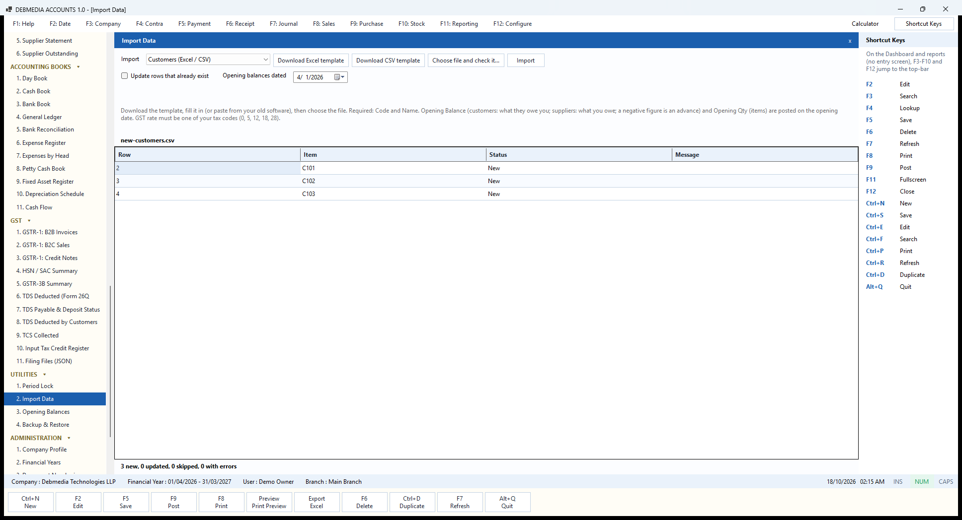 Debmedia Accounts Import Data: Import Data after choosing a file: the file name, a row-by-row check showing each row as New, Updated or an error, and a summary line.