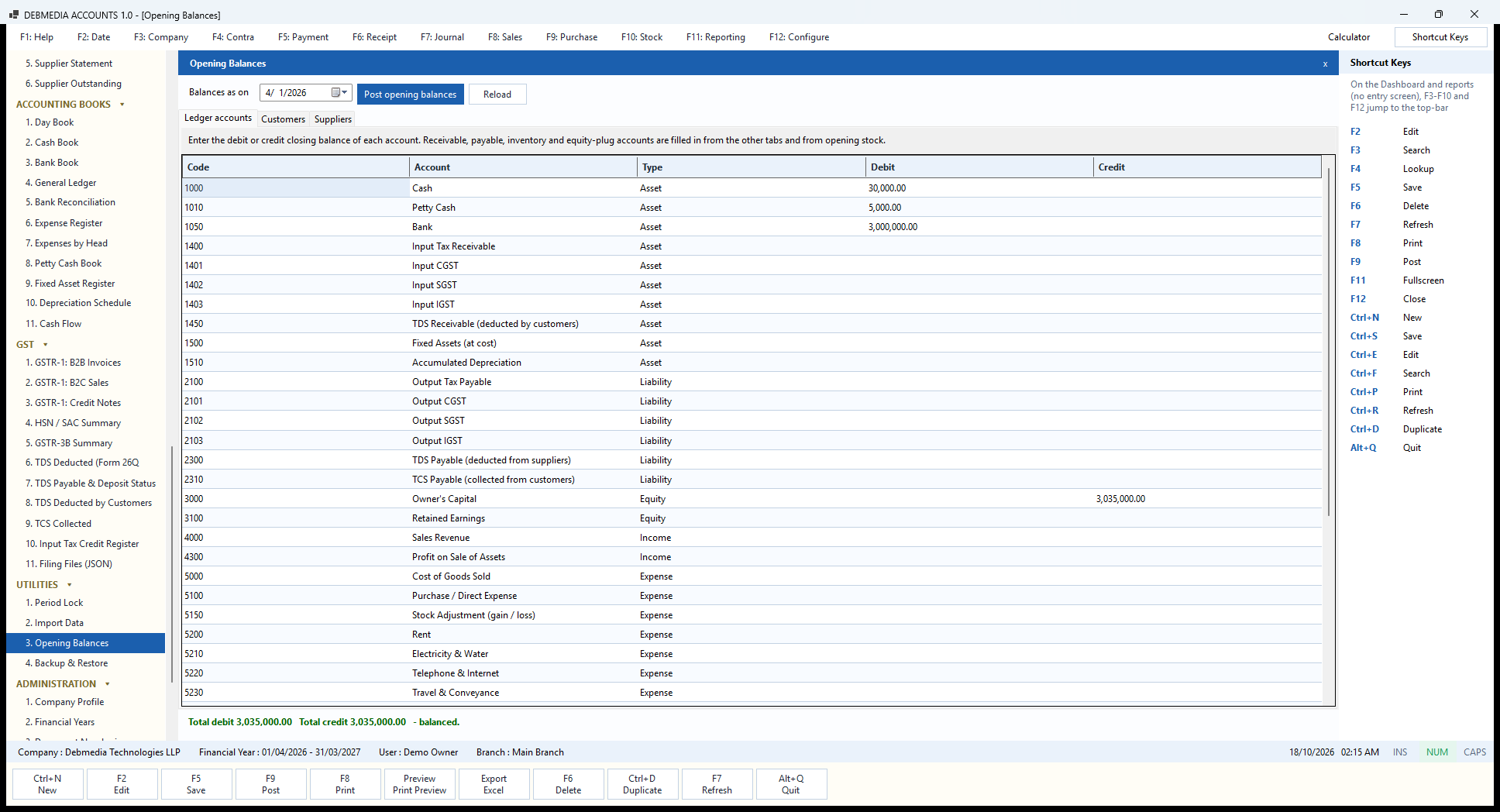 Debmedia Accounts Opening Balances: The Opening Balances screen: closing figures from the old books entered by account, with tabs for customers and suppliers and a balanced check at the bottom.