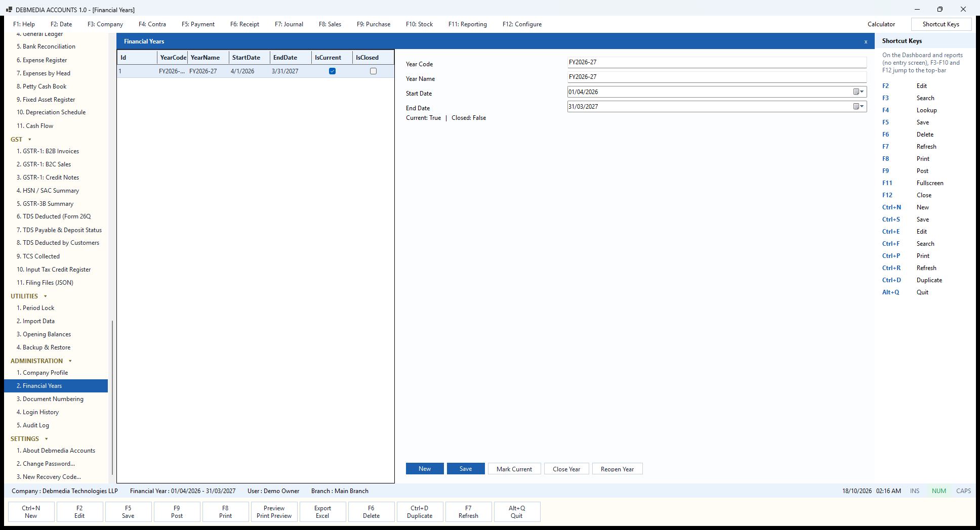Debmedia Accounts Financial Years: The Financial Years screen: the list of years with start and end dates, the current and closed flags, and the buttons to add, mark current, close and reopen a year.