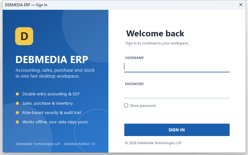 DEBMEDIA ERP Sign In: The sign-in screen: username, password and a SIGN IN button, with the product's promise on the left panel.