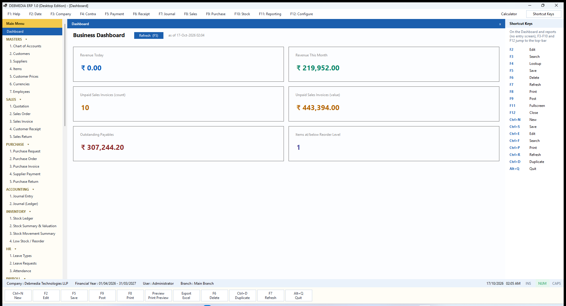 DEBMEDIA ERP Dashboard: Business Dashboard with six live KPI cards: revenue today and this month, unpaid invoices, payables and low stock.