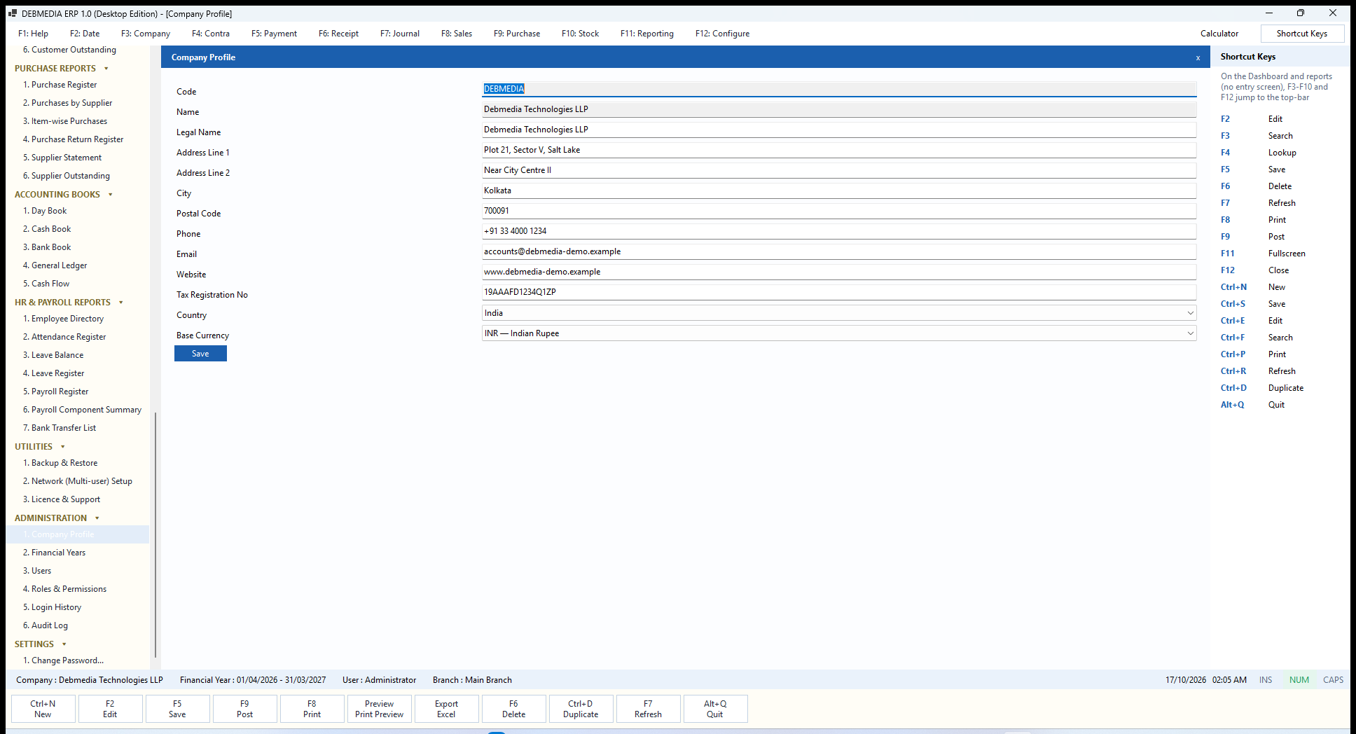 DEBMEDIA ERP Company Profile: Company Profile screen holding the legal name, address, GST registration number, country and base currency.