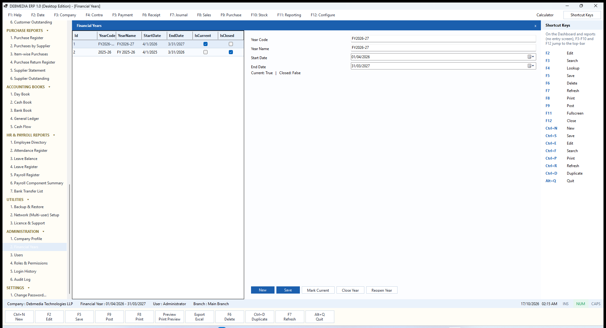 DEBMEDIA ERP Financial Years: Financial Years screen listing the current and the closed year, with Mark Current, Close Year and Reopen Year.