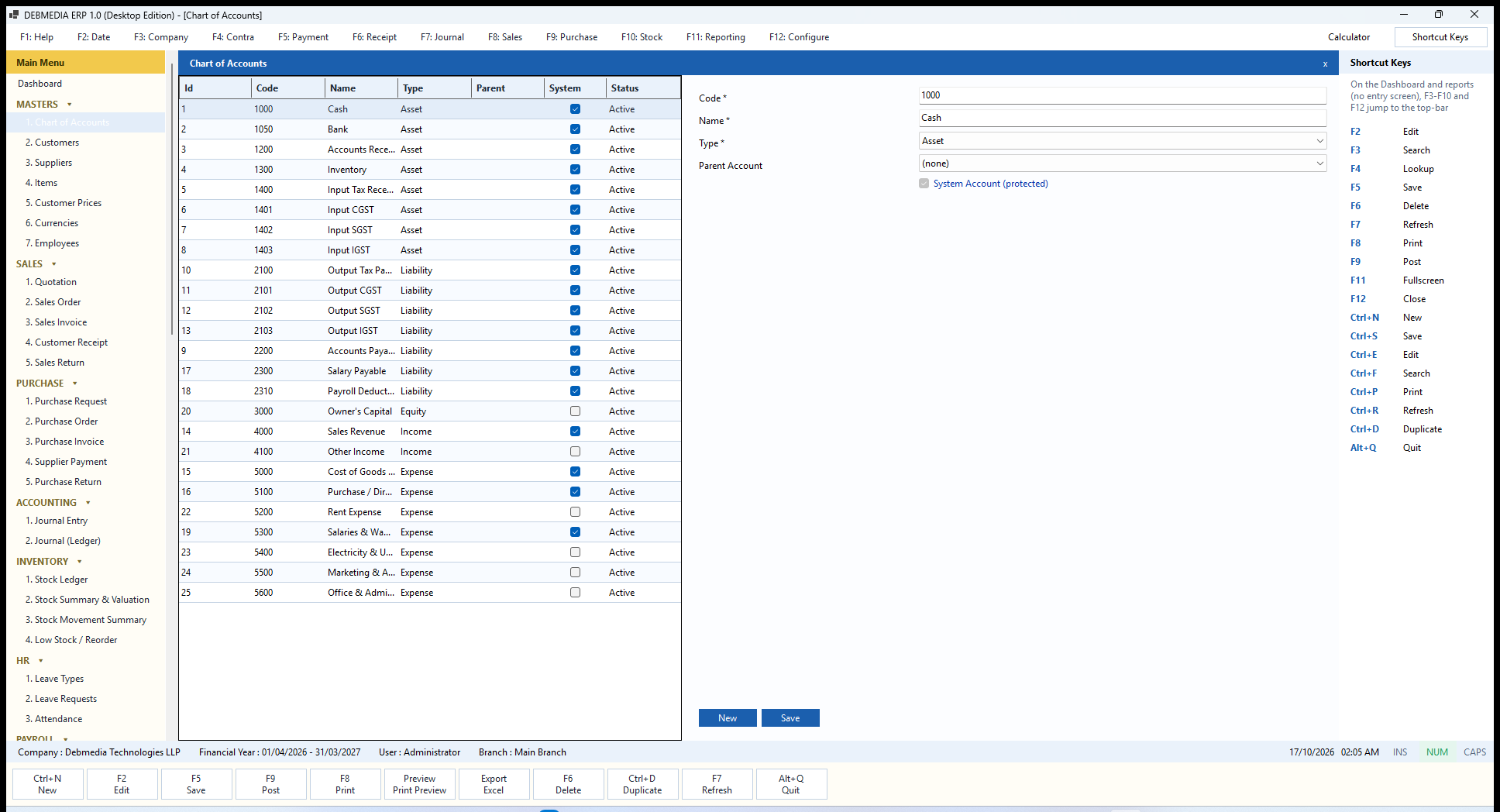 DEBMEDIA ERP Chart of Accounts: Chart of Accounts: 25 ready-made accounts across Asset, Liability, Equity, Income and Expense, with protected system accounts.