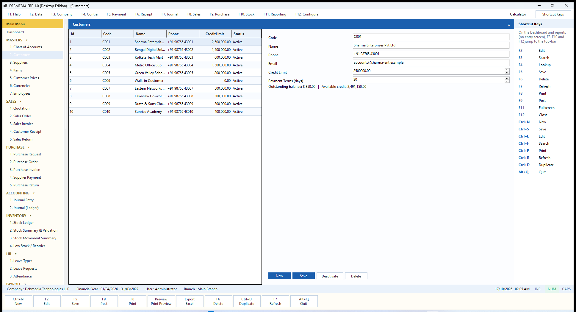 DEBMEDIA ERP Customers: Customers master with credit limit, payment terms, live outstanding balance and available credit.