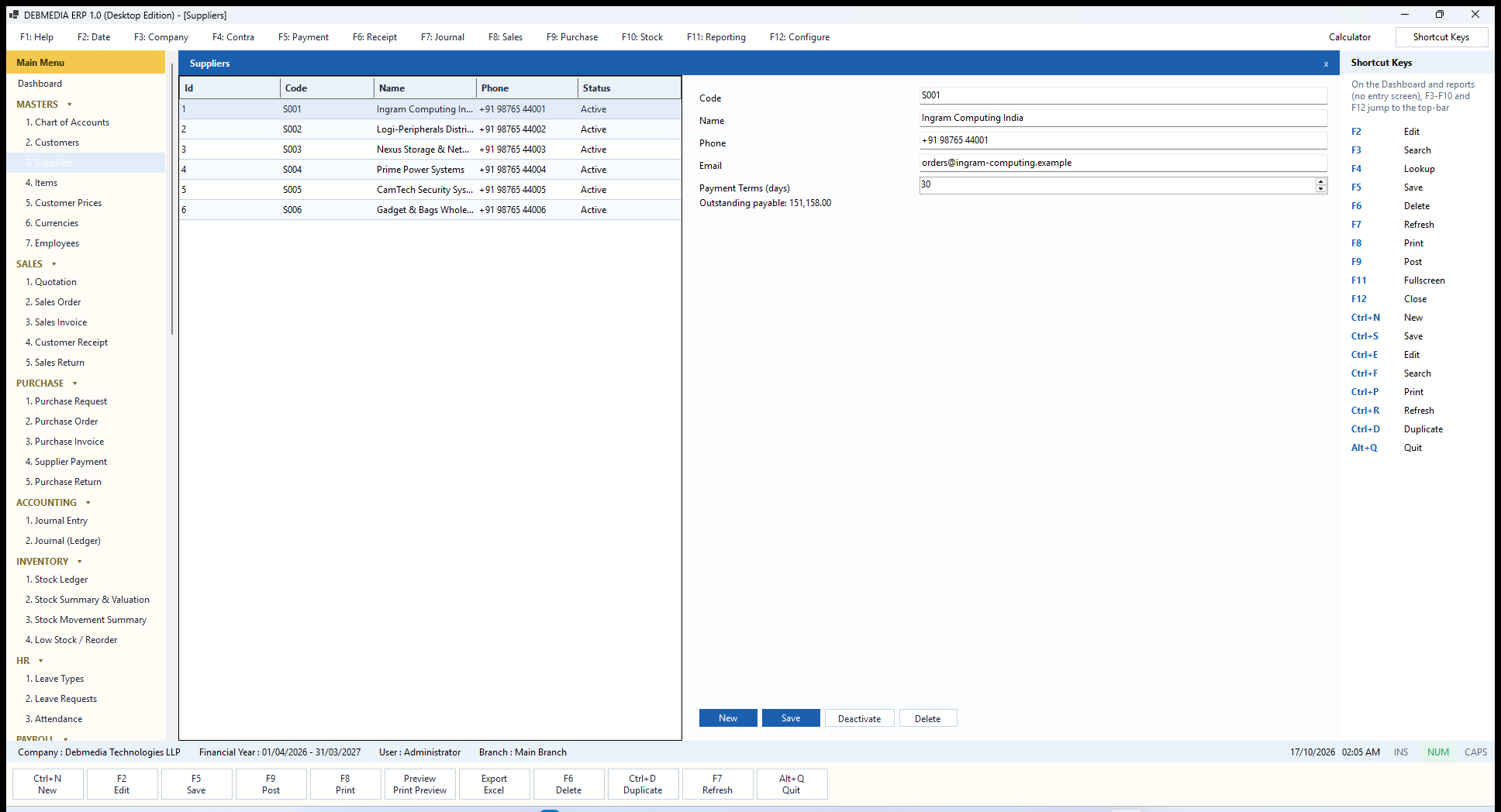 DEBMEDIA ERP Suppliers: Suppliers master showing contact details, payment terms and the live outstanding payable.