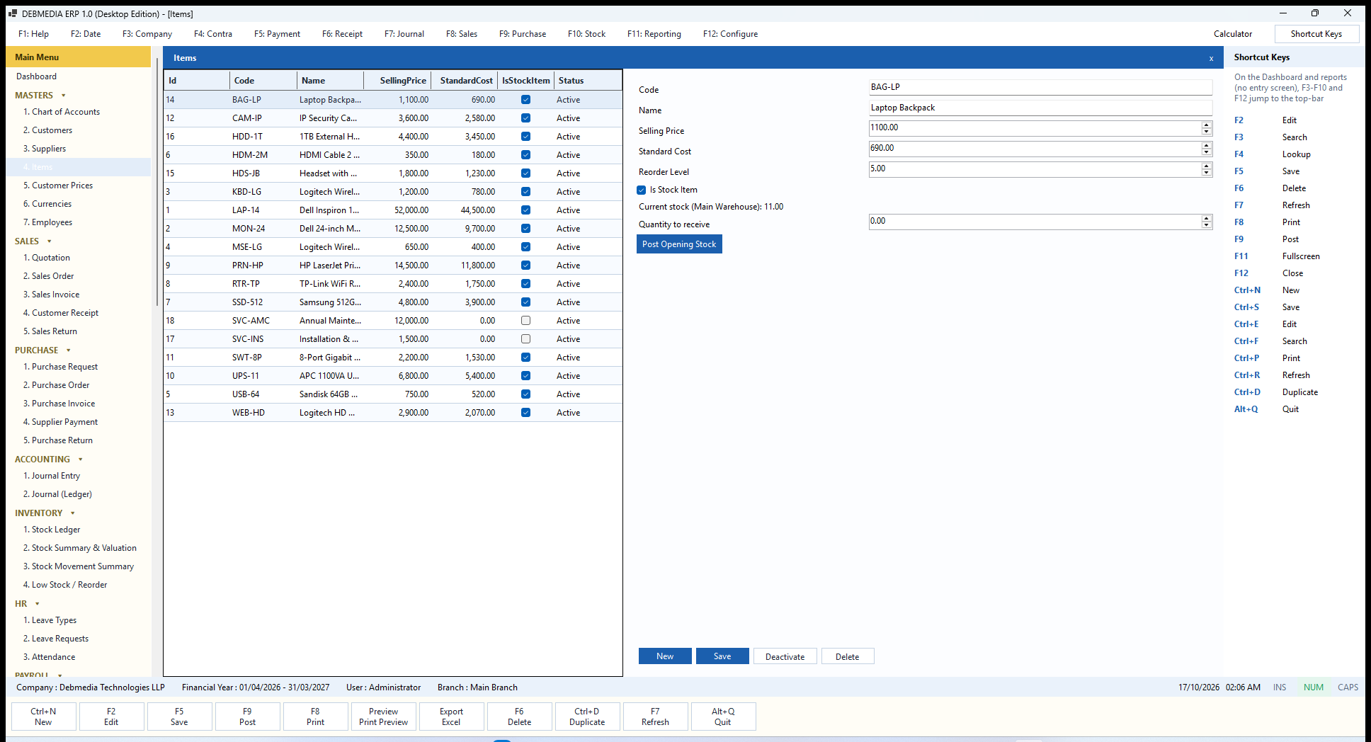 DEBMEDIA ERP Items: Items master with selling price, standard cost, reorder level, current stock and the Post Opening Stock action.