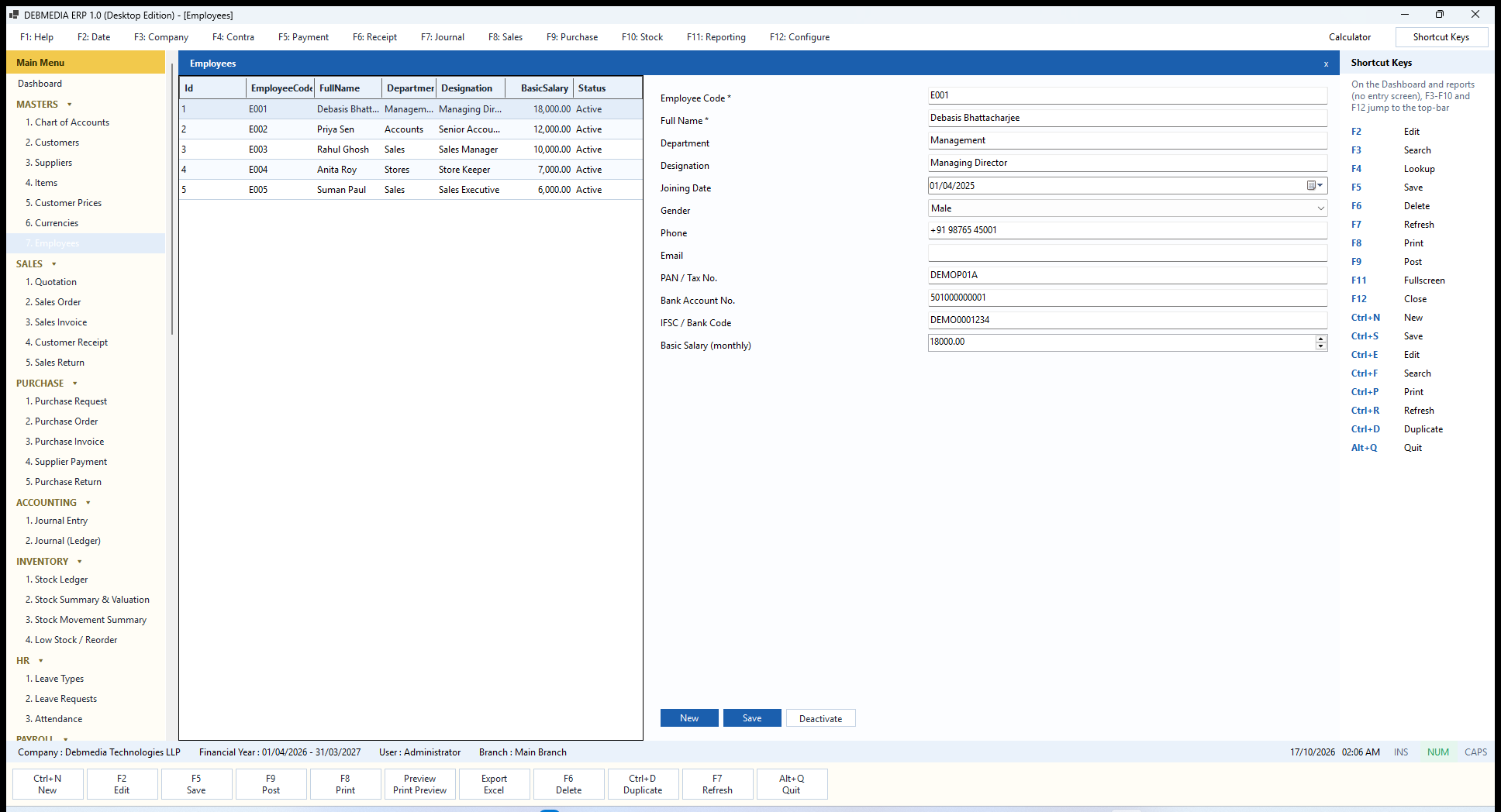 DEBMEDIA ERP Employees: Employees master with department, designation, joining date, bank details and monthly basic salary.