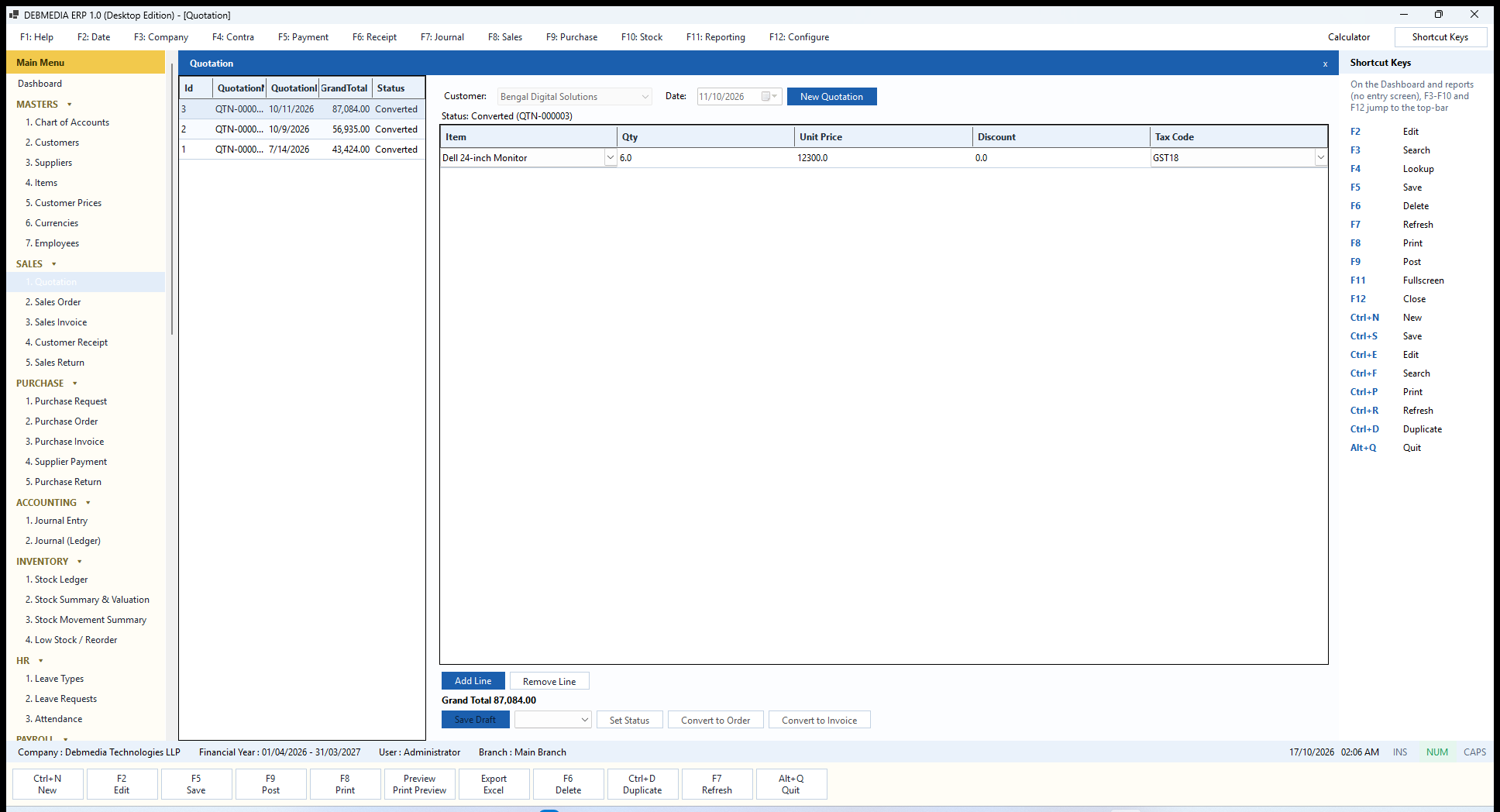 DEBMEDIA ERP Sales Quotation: Sales Quotation with status tracking and one-click Convert to Order or Convert to Invoice.