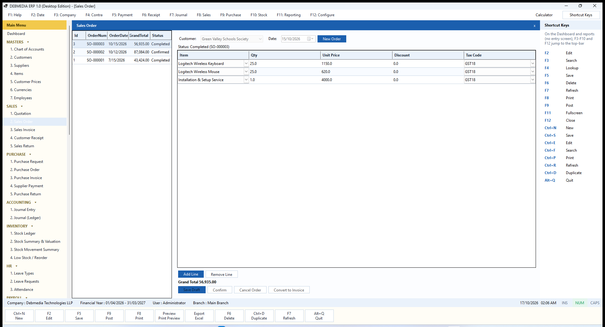 DEBMEDIA ERP Sales Order: Sales Order with Confirm, Cancel Order and Convert to Invoice.