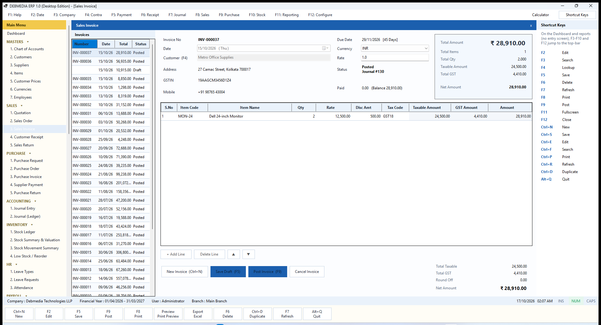 DEBMEDIA ERP sales invoice screen with GST split, live totals and Post Invoice button