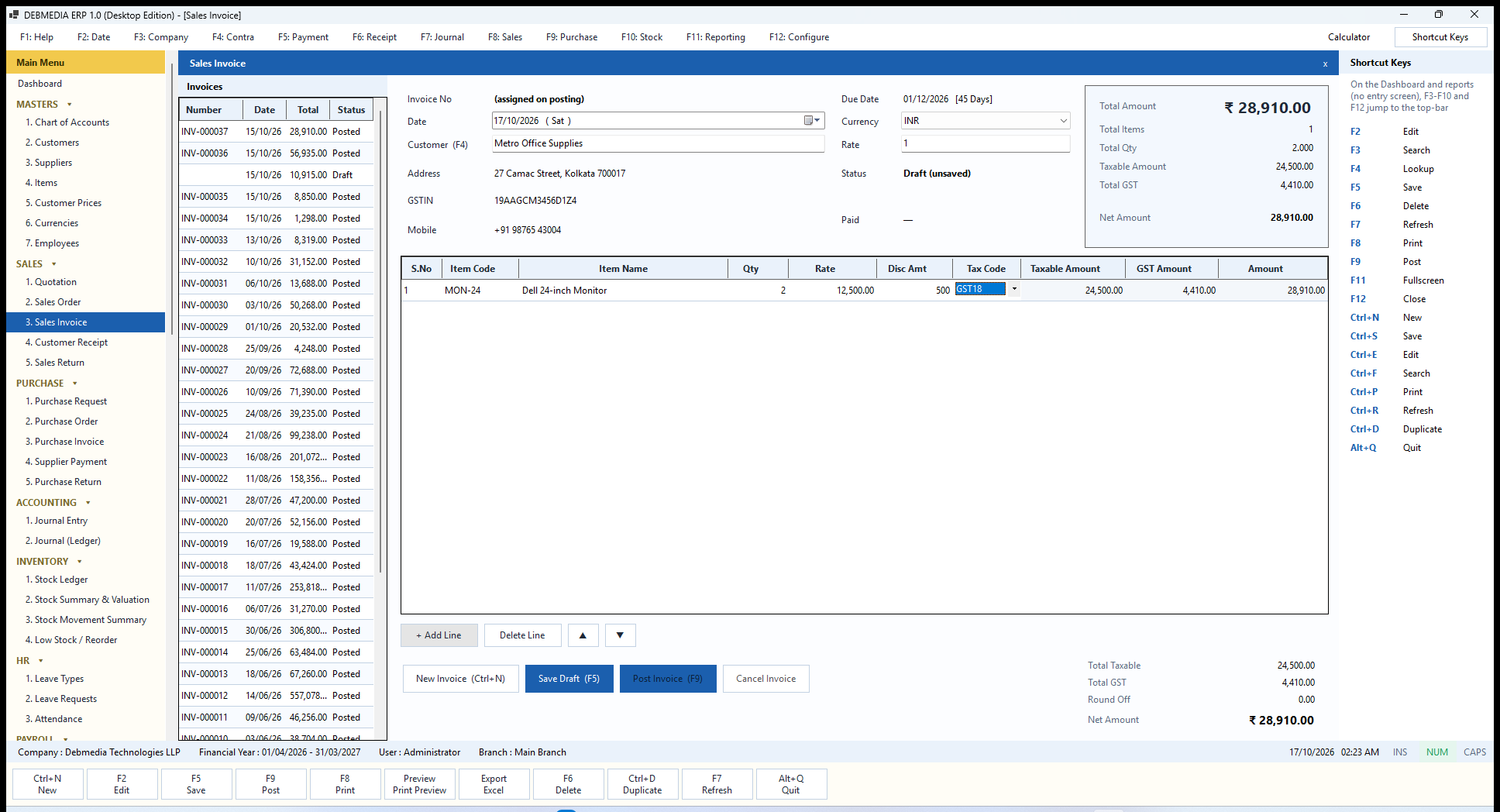 DEBMEDIA ERP Sales Invoice draft in progress: A new sales invoice being typed: customer address and GSTIN fill in, and the totals box updates with every line.