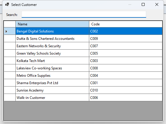 DEBMEDIA ERP Customer lookup (F4): The F4 lookup dialog: type to search the customer list, press Enter to choose.