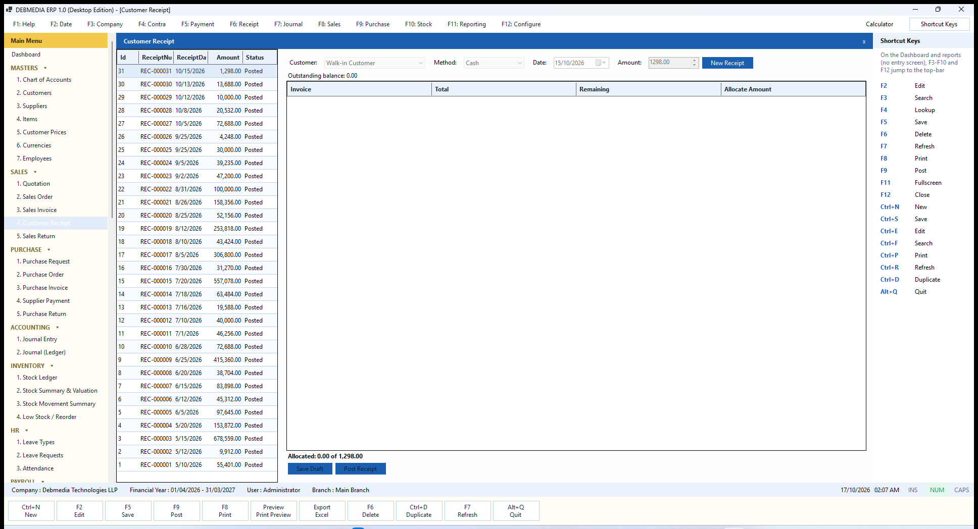DEBMEDIA ERP Customer Receipt: Customer Receipt: choose the customer and method, then allocate the money against open invoices.