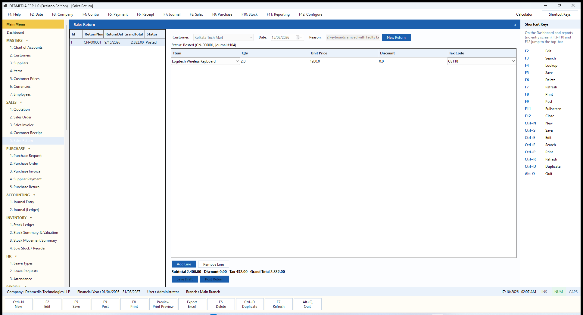 DEBMEDIA ERP Sales Return: Sales Return (credit note) with the reason recorded and tax recalculated on the returned goods.