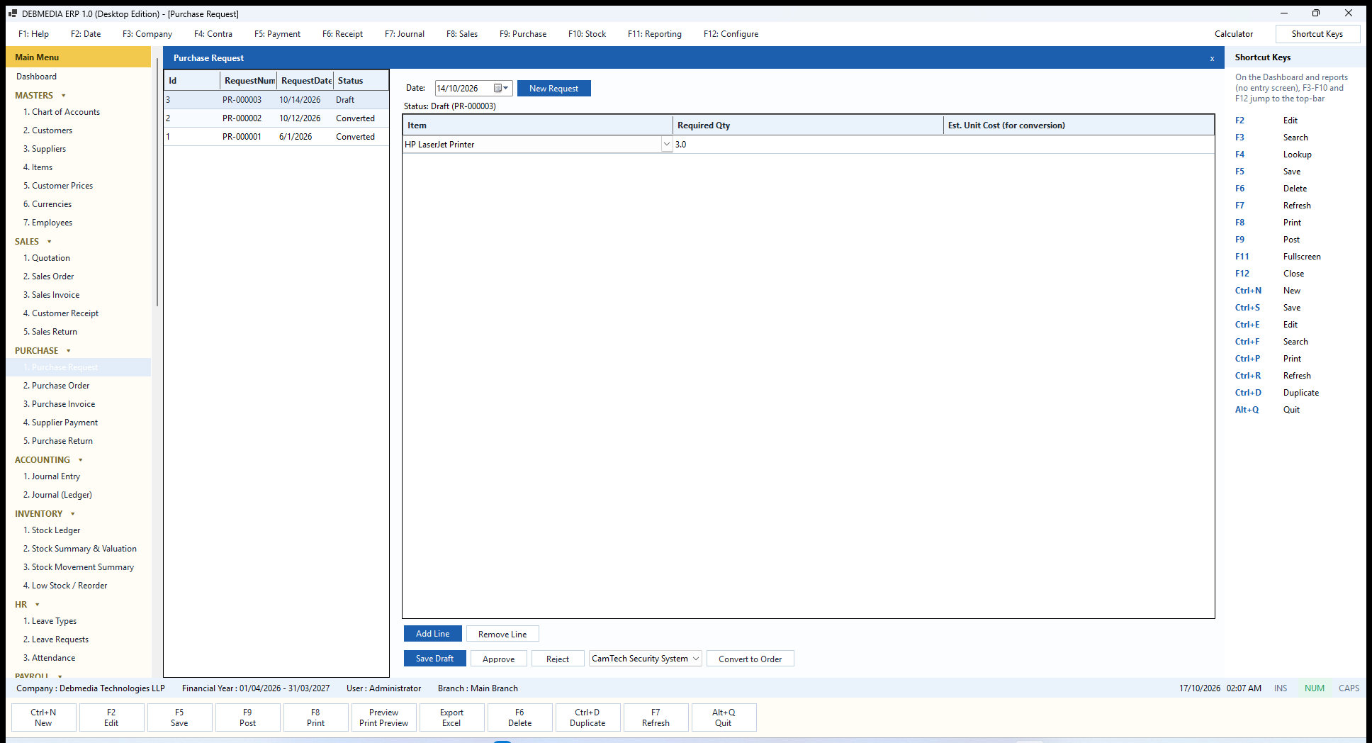 DEBMEDIA ERP Purchase Request: Purchase Request with Approve, Reject and Convert to Order for a chosen supplier.