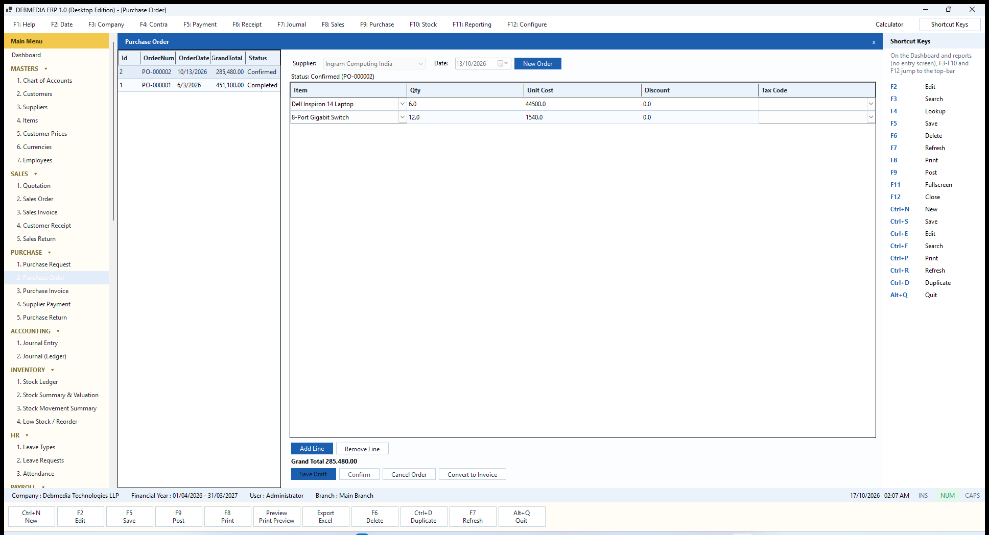 DEBMEDIA ERP Purchase Order: Purchase Order with Confirm, Cancel Order and Convert to Invoice.