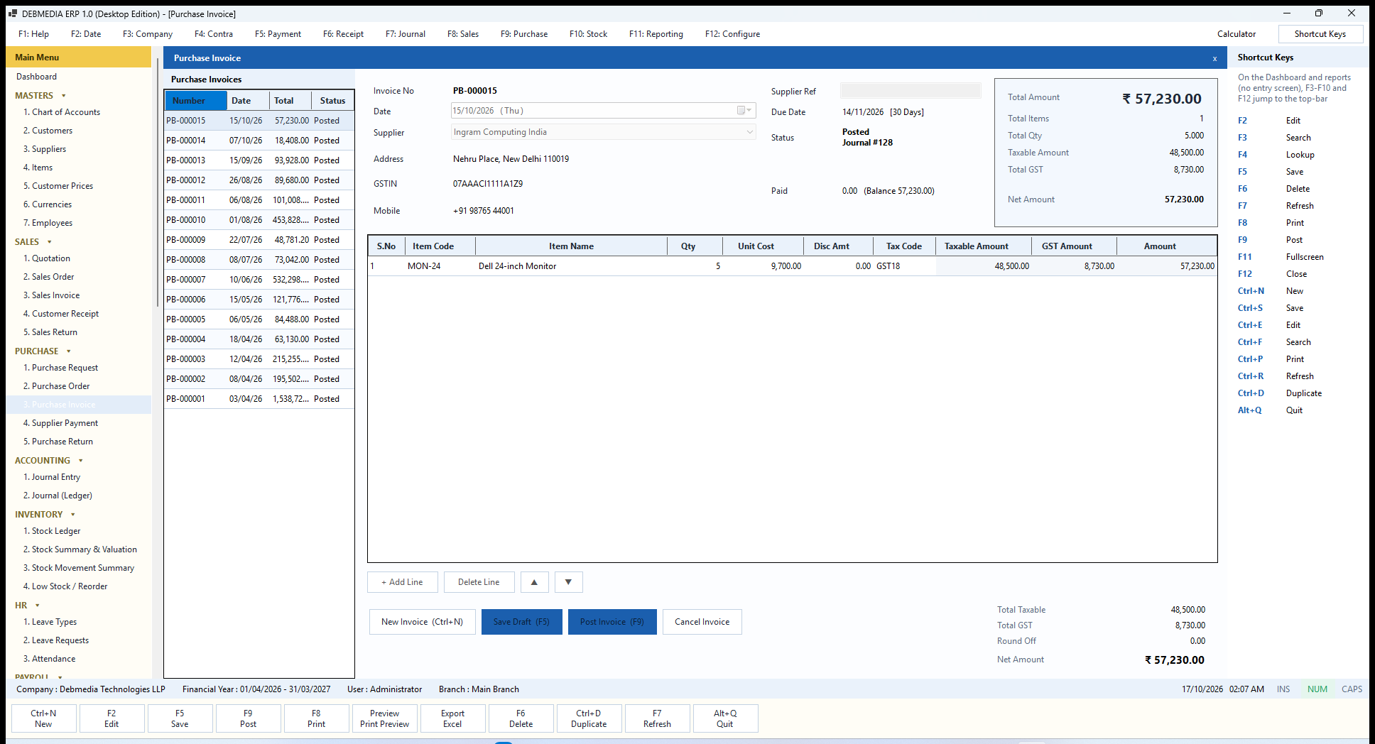 DEBMEDIA ERP Purchase Invoice: Purchase Invoice: supplier details, input GST split, due date and one-click posting that receives the stock.