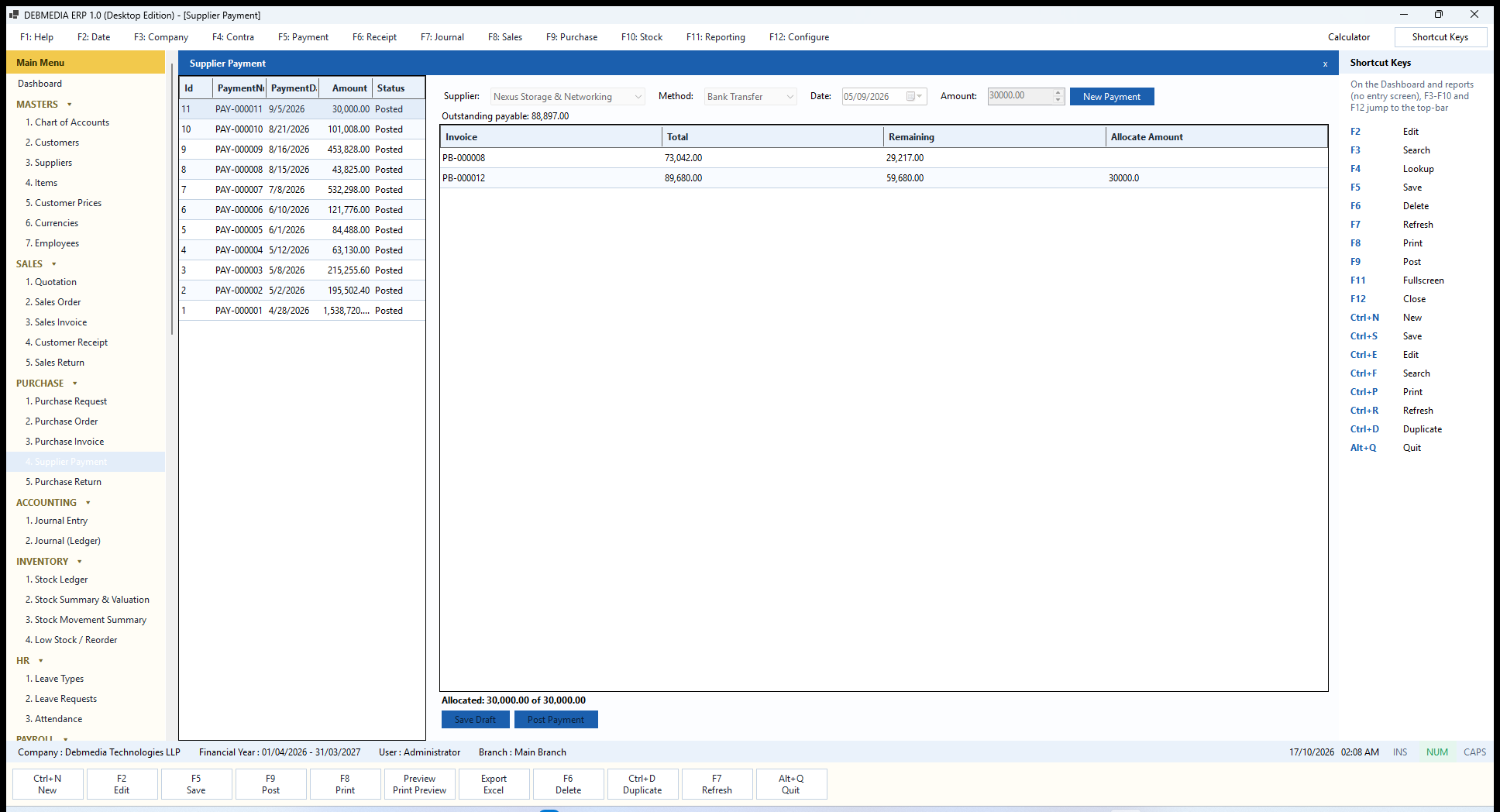 DEBMEDIA ERP Supplier Payment: Supplier Payment allocating a bank transfer across open supplier invoices.