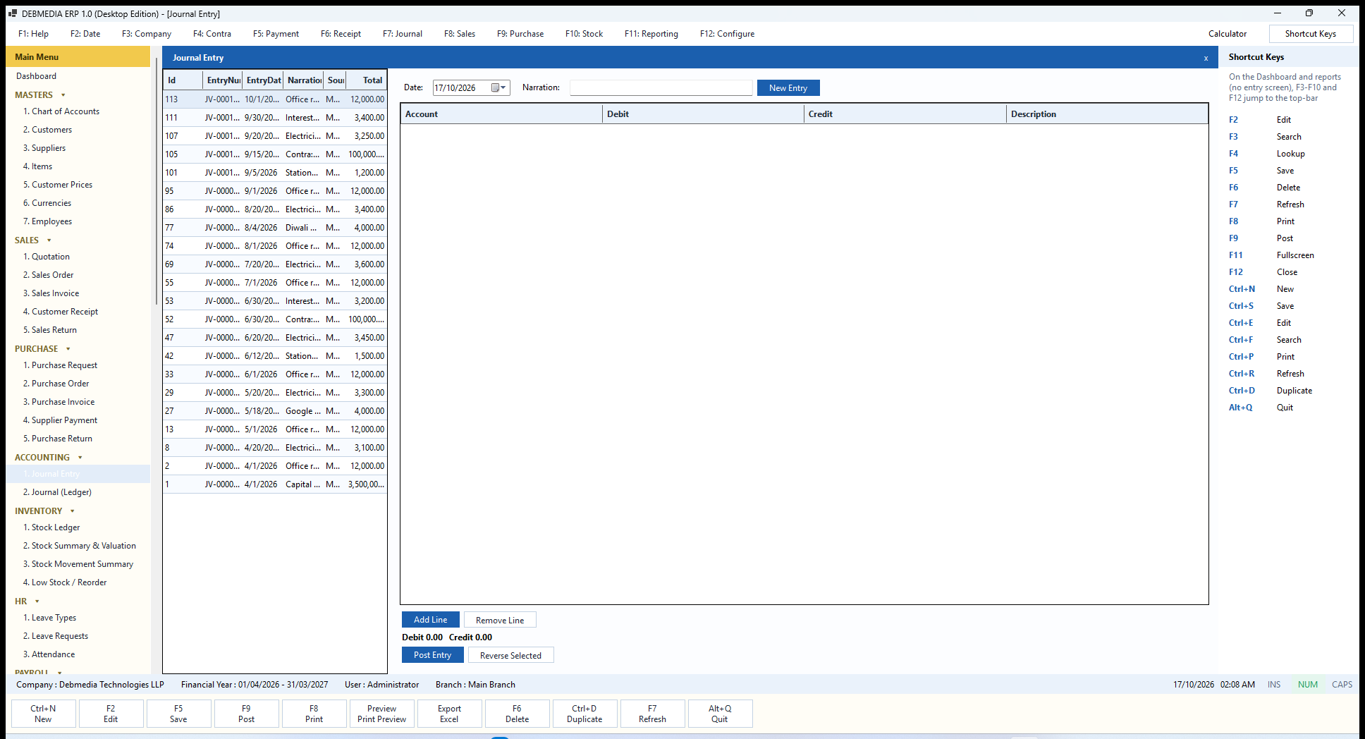 DEBMEDIA ERP Journal Entry: Journal Entry: manual double-entry vouchers with a balanced check, and reversal of earlier manual entries.