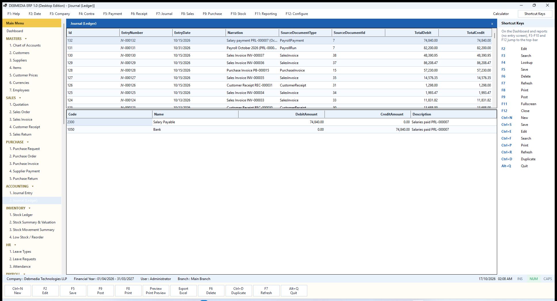 DEBMEDIA ERP Journal (Ledger): Journal (Ledger): every posted voucher with its source document, and the debit and credit lines of the selected entry.