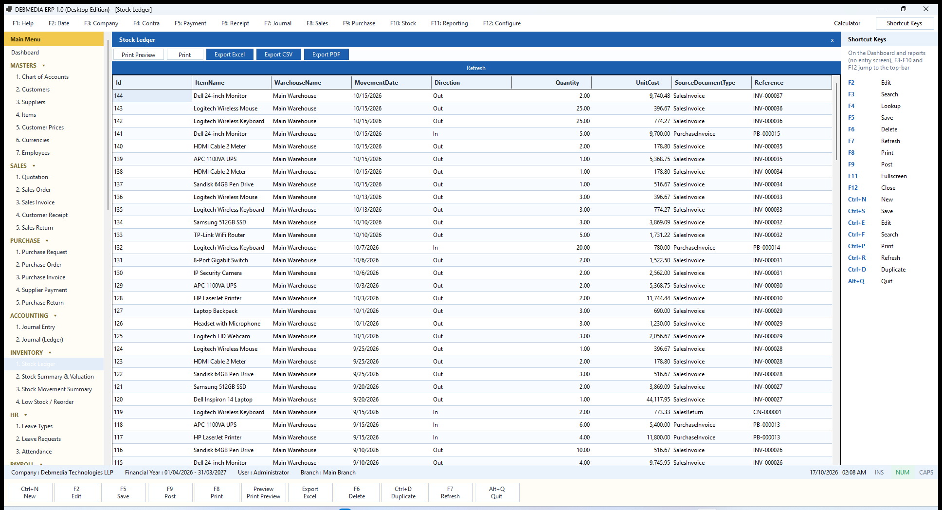 DEBMEDIA ERP Stock Ledger: Stock Ledger: every stock movement in and out, with unit cost, source document and reference.