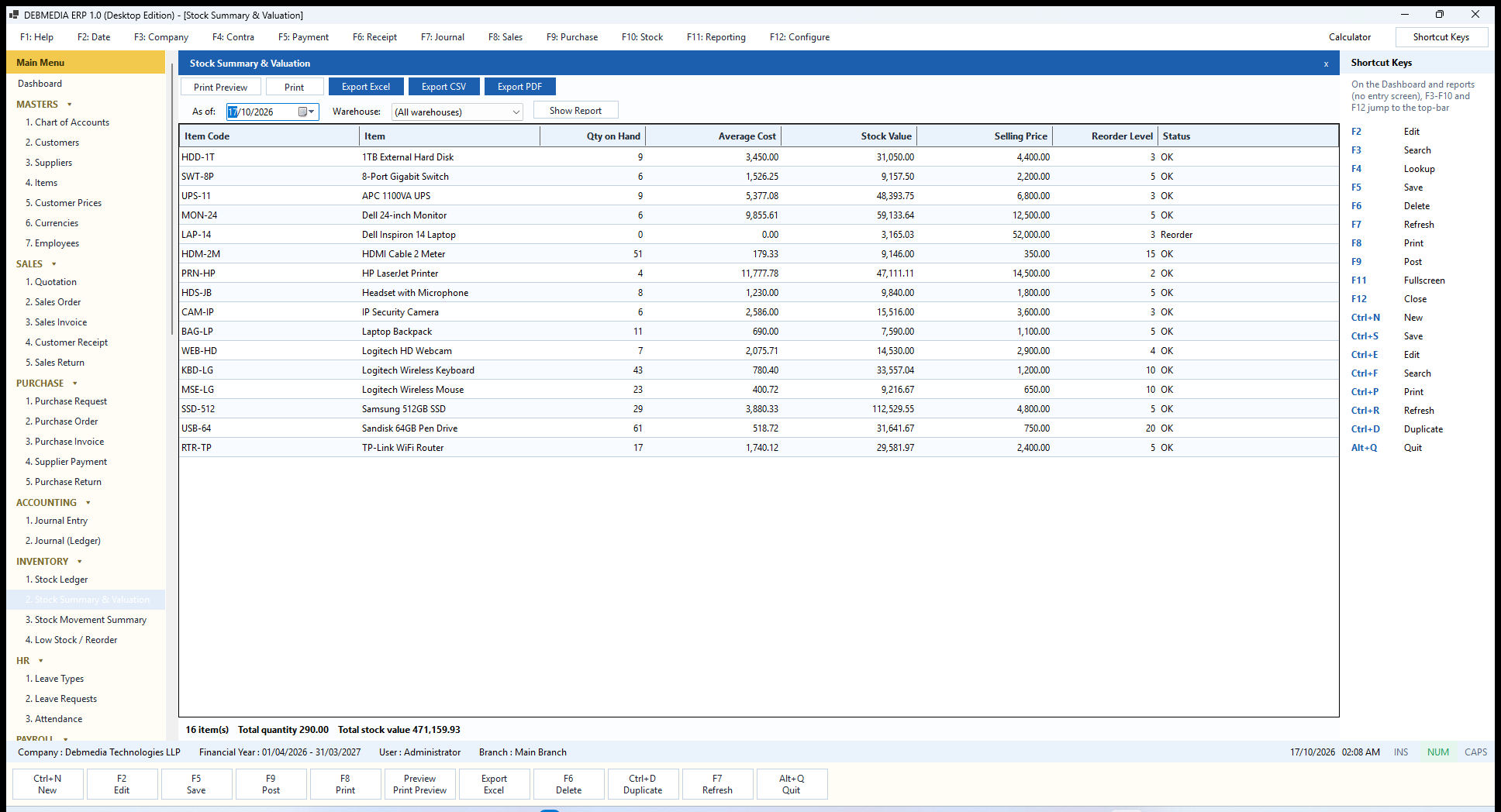 DEBMEDIA ERP stock summary and valuation report with quantity, average cost and stock value per item