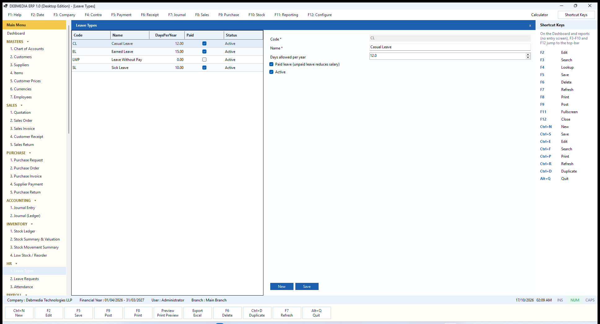 DEBMEDIA ERP Leave Types: Leave Types: casual, earned and sick leave with yearly allowances, plus leave without pay.