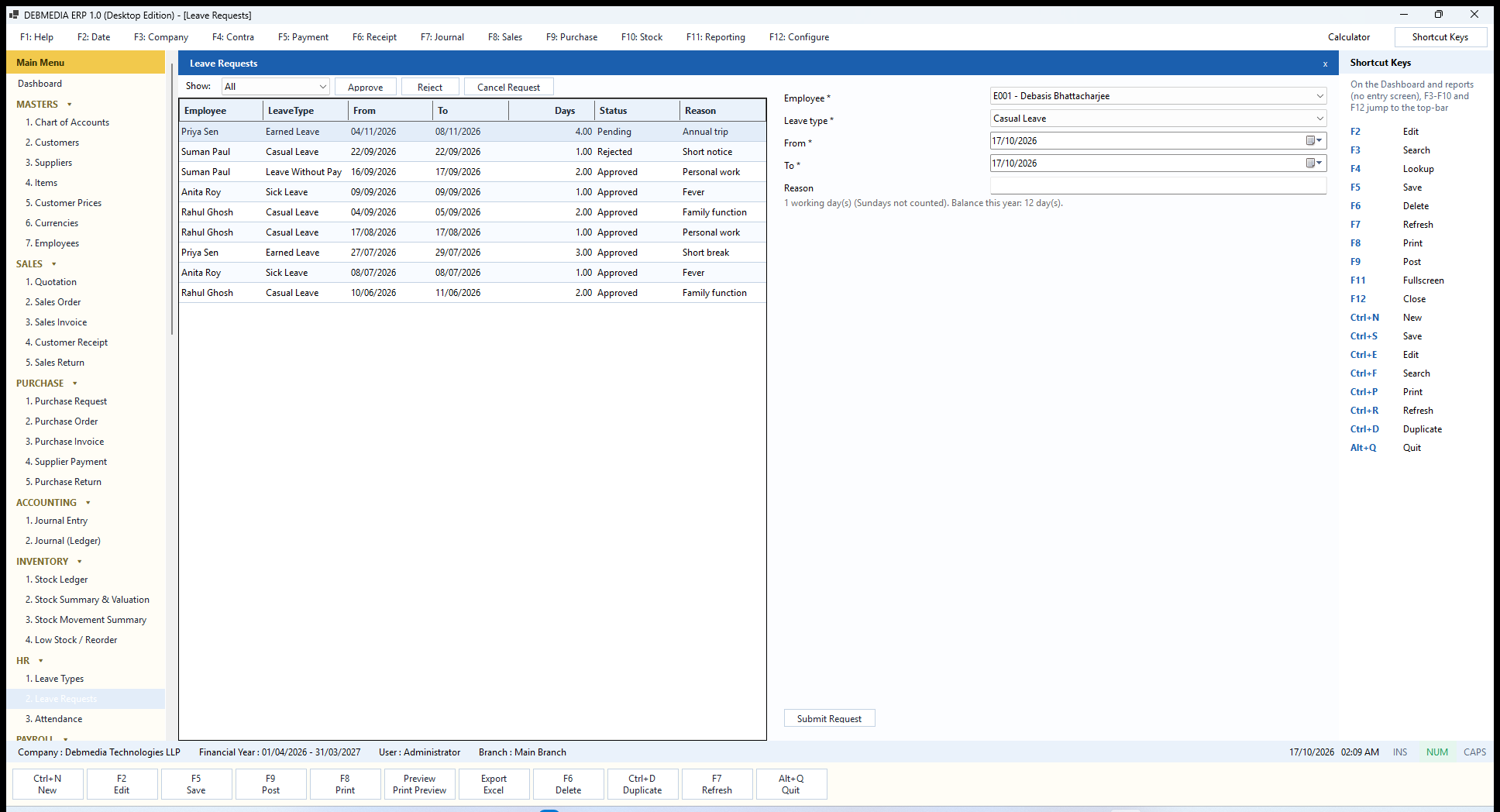 DEBMEDIA ERP Leave Requests: Leave Requests with Approve, Reject and Cancel, and a live working-day and balance check.