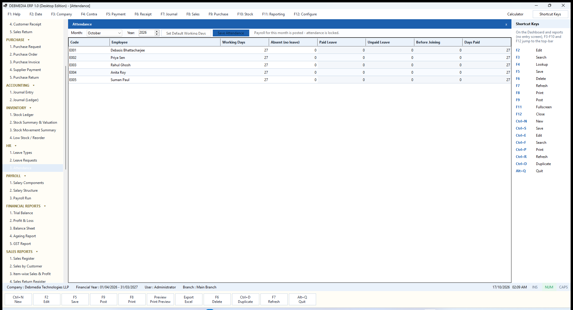 DEBMEDIA ERP Attendance: Attendance sheet for a month: working days, absences, paid and unpaid leave and days paid, locked once payroll is posted.