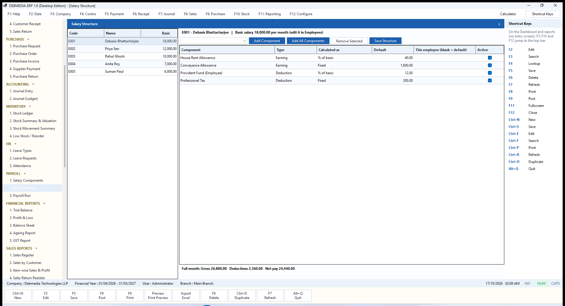 DEBMEDIA ERP Salary Structure: Salary Structure for one employee with a live full-month gross, deductions and net pay preview.