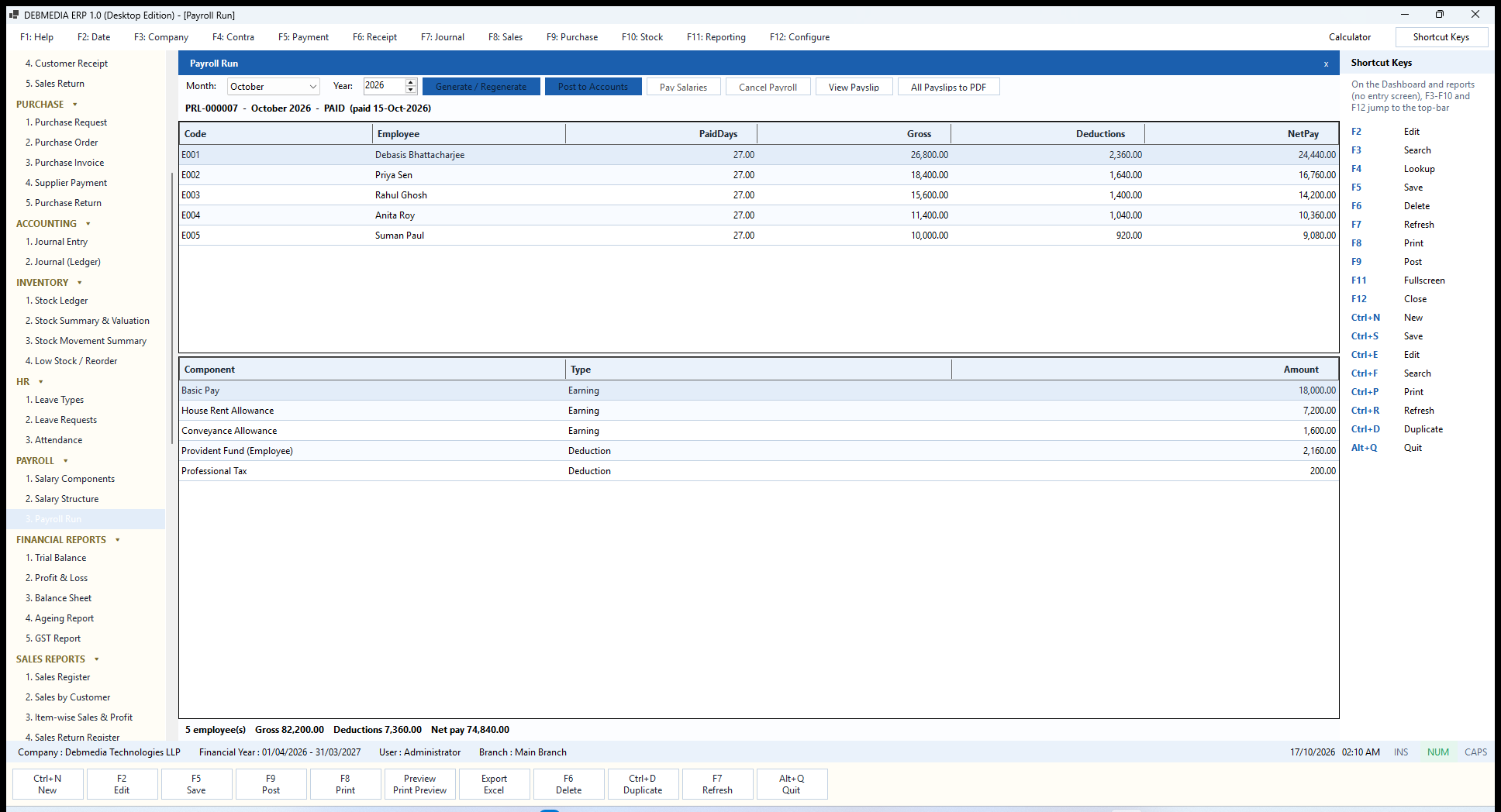 DEBMEDIA ERP Payroll Run: Payroll Run for a month: per-employee gross, deductions and net pay, with Post to Accounts and Pay Salaries.