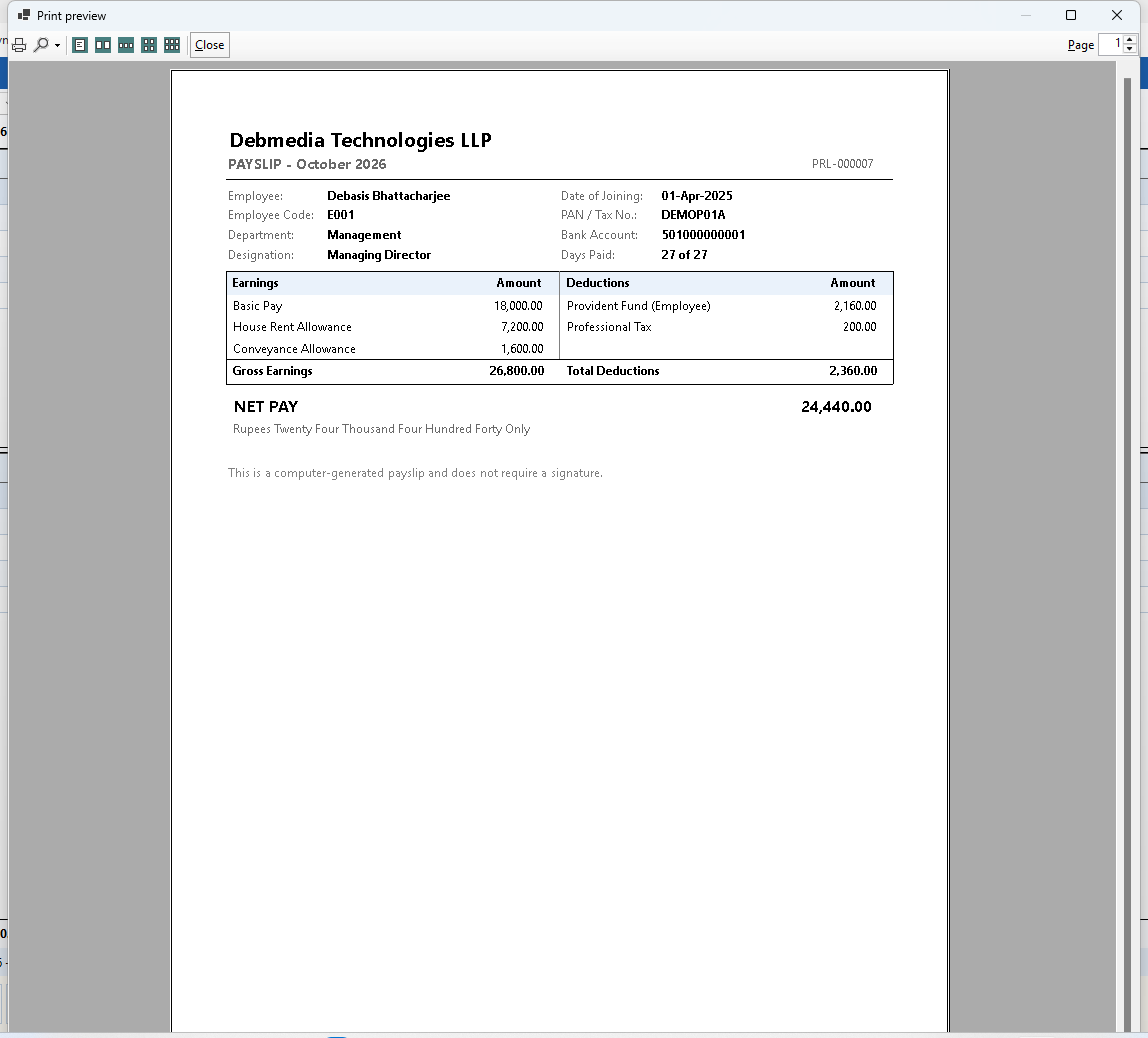 DEBMEDIA ERP Payslip preview: A generated payslip with earnings, deductions, net pay and the amount in words.