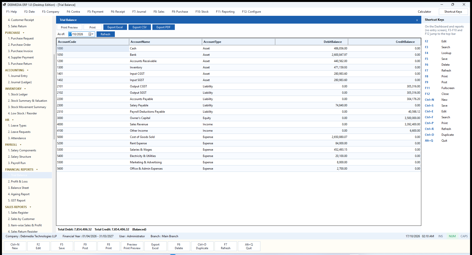 DEBMEDIA ERP Trial Balance: Trial Balance as of a date, with a Balanced check on total debits and credits.