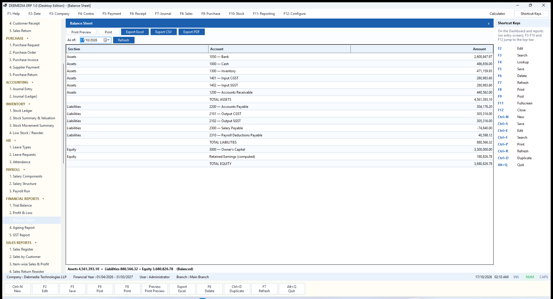 DEBMEDIA ERP Balance Sheet: Balance Sheet with assets, liabilities and equity, including computed retained earnings, and a Balanced check.