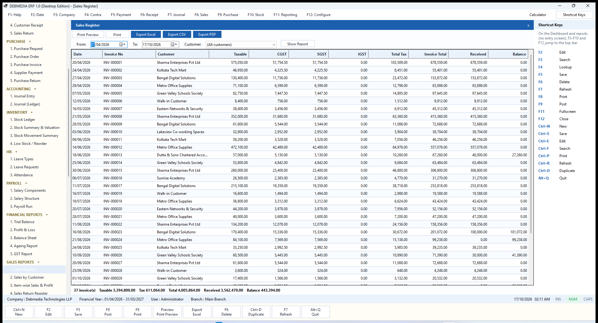 DEBMEDIA ERP Sales Register: Sales Register for a period: every invoice with taxable value, tax split, total, received and balance.