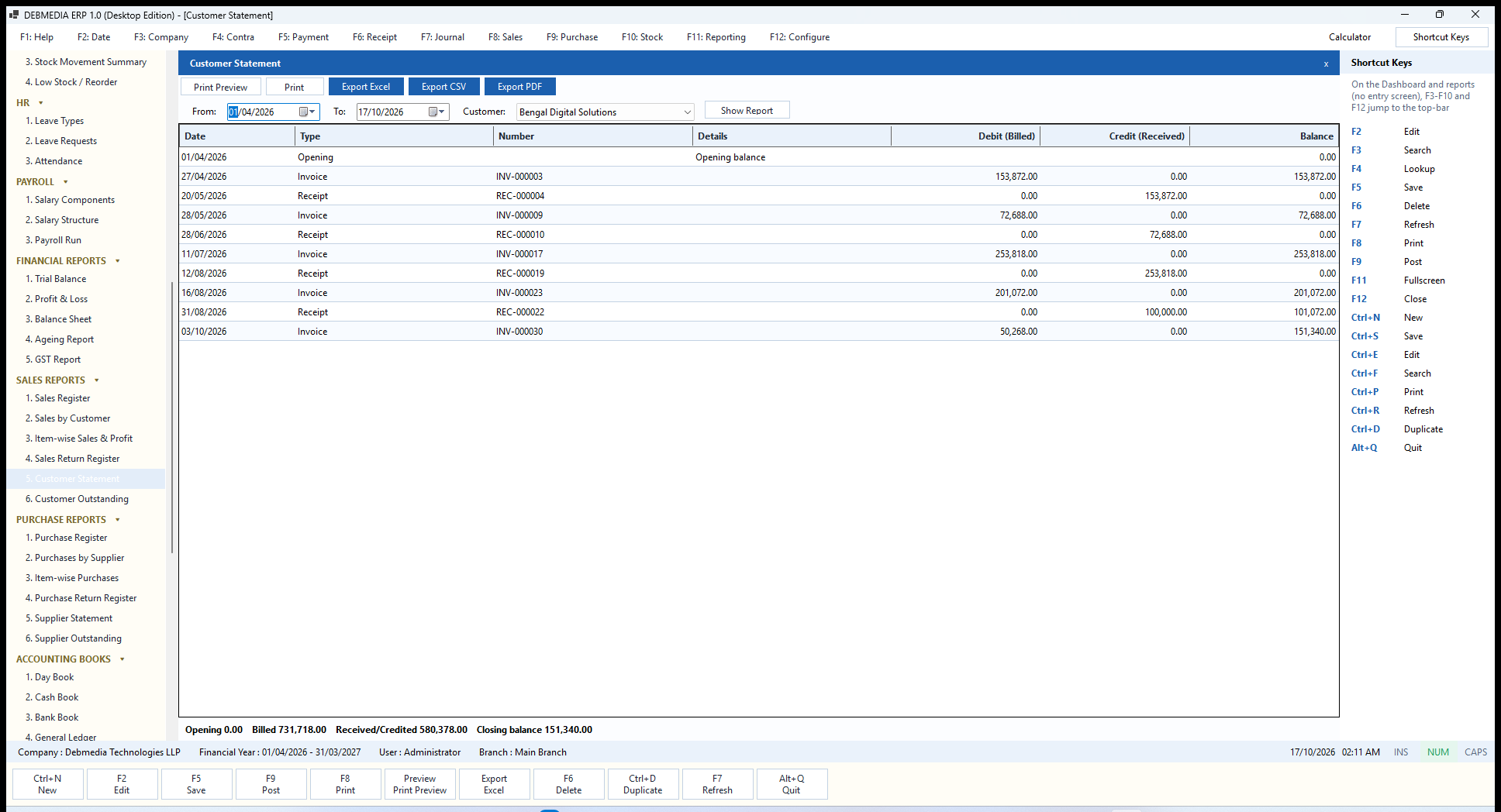 DEBMEDIA ERP Customer Statement: Customer Statement: opening balance, invoices, receipts and a running balance for one customer.