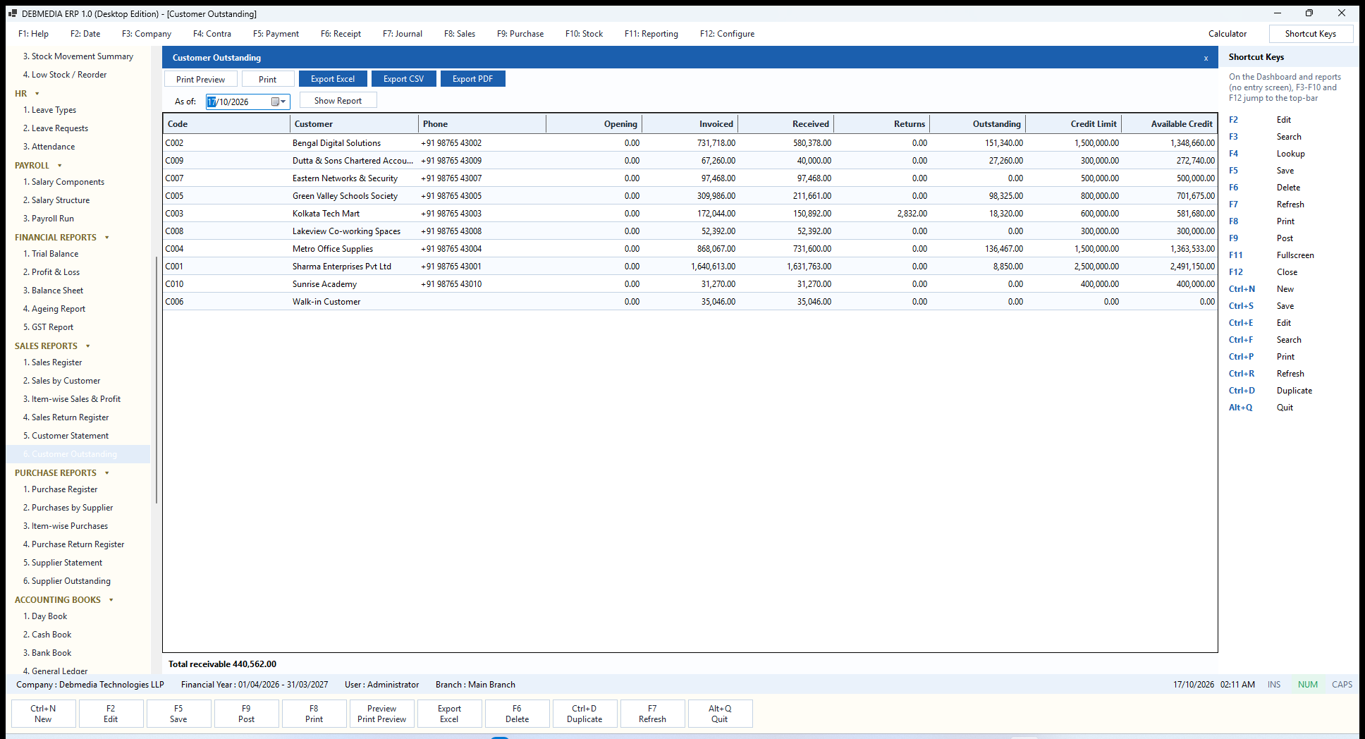DEBMEDIA ERP Customer Outstanding: Customer Outstanding: what each customer owes, their credit limit and the credit still available.