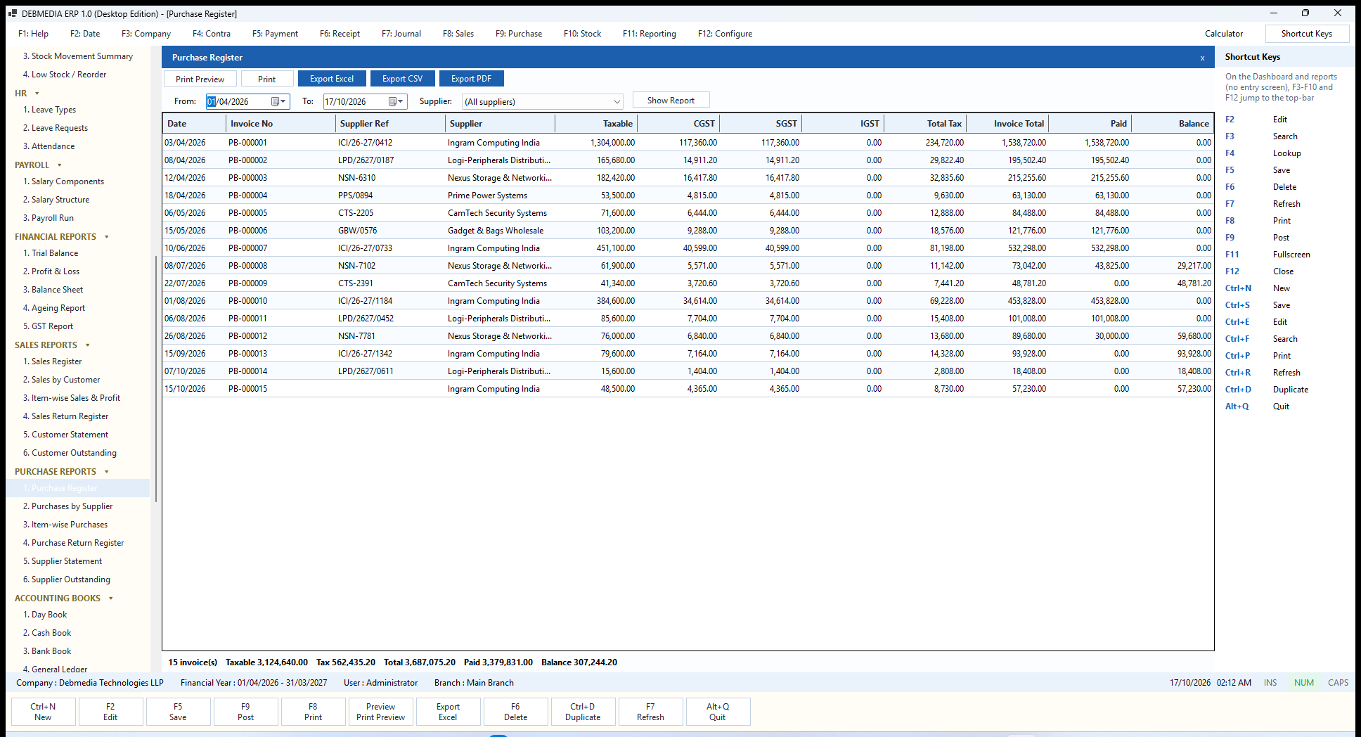 DEBMEDIA ERP Purchase Register: Purchase Register: every supplier invoice with input tax split, total, paid and balance.