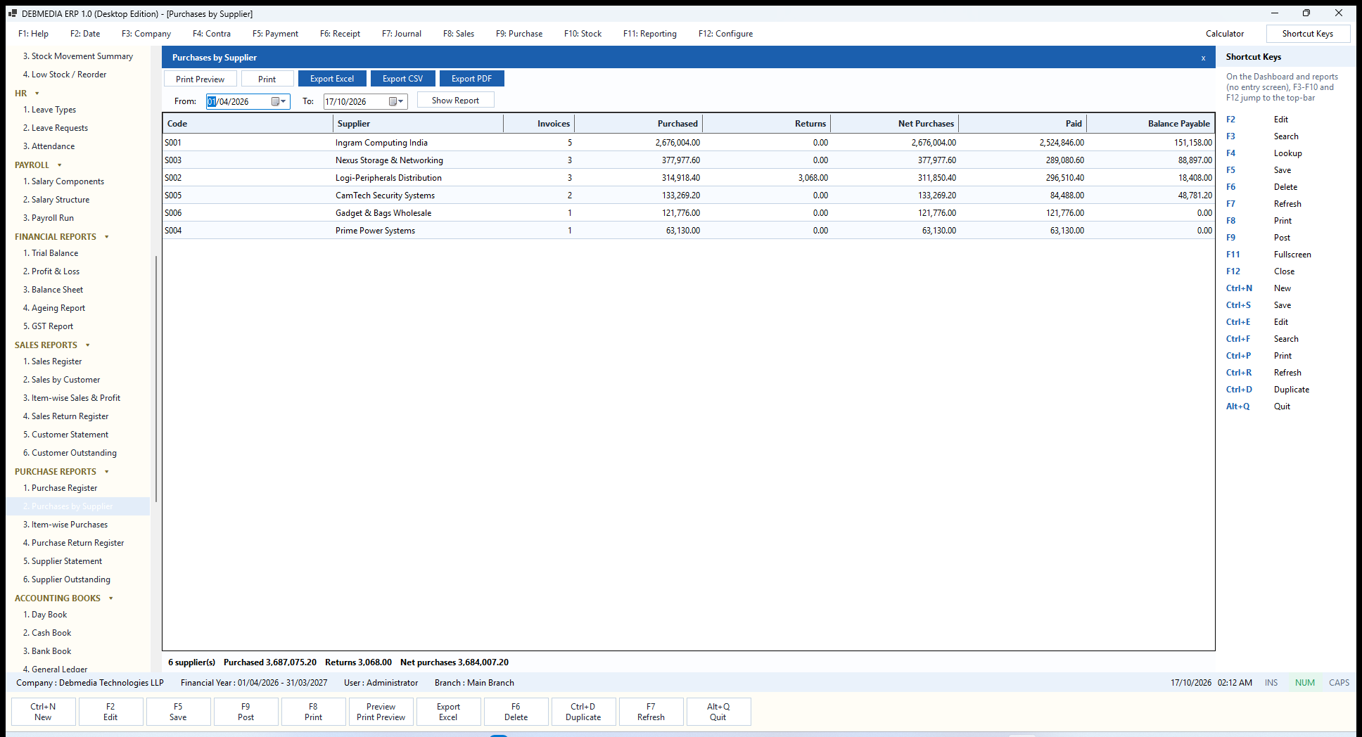 DEBMEDIA ERP Purchases by Supplier: Purchases by Supplier: purchased, returns, net purchases, paid and balance payable per supplier.