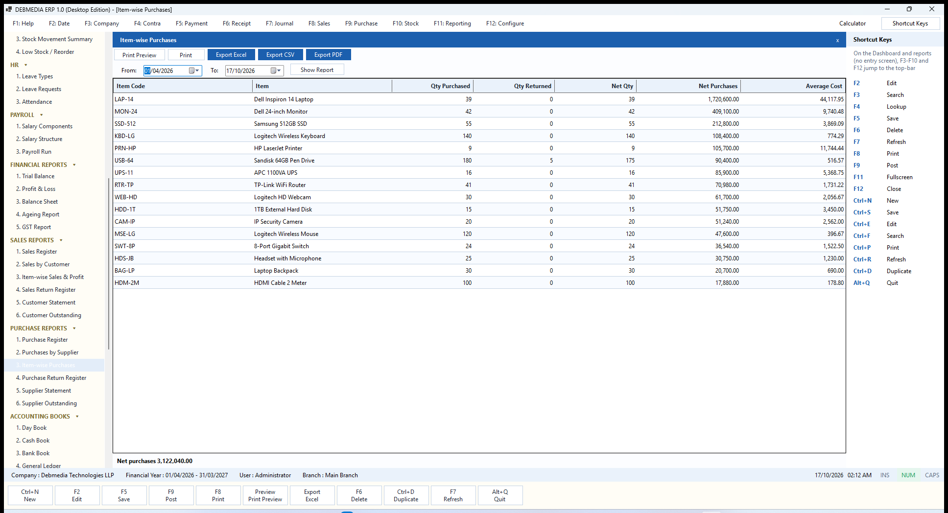 DEBMEDIA ERP Item-wise Purchases: Item-wise Purchases: quantity, returns, net purchases and average cost per item.