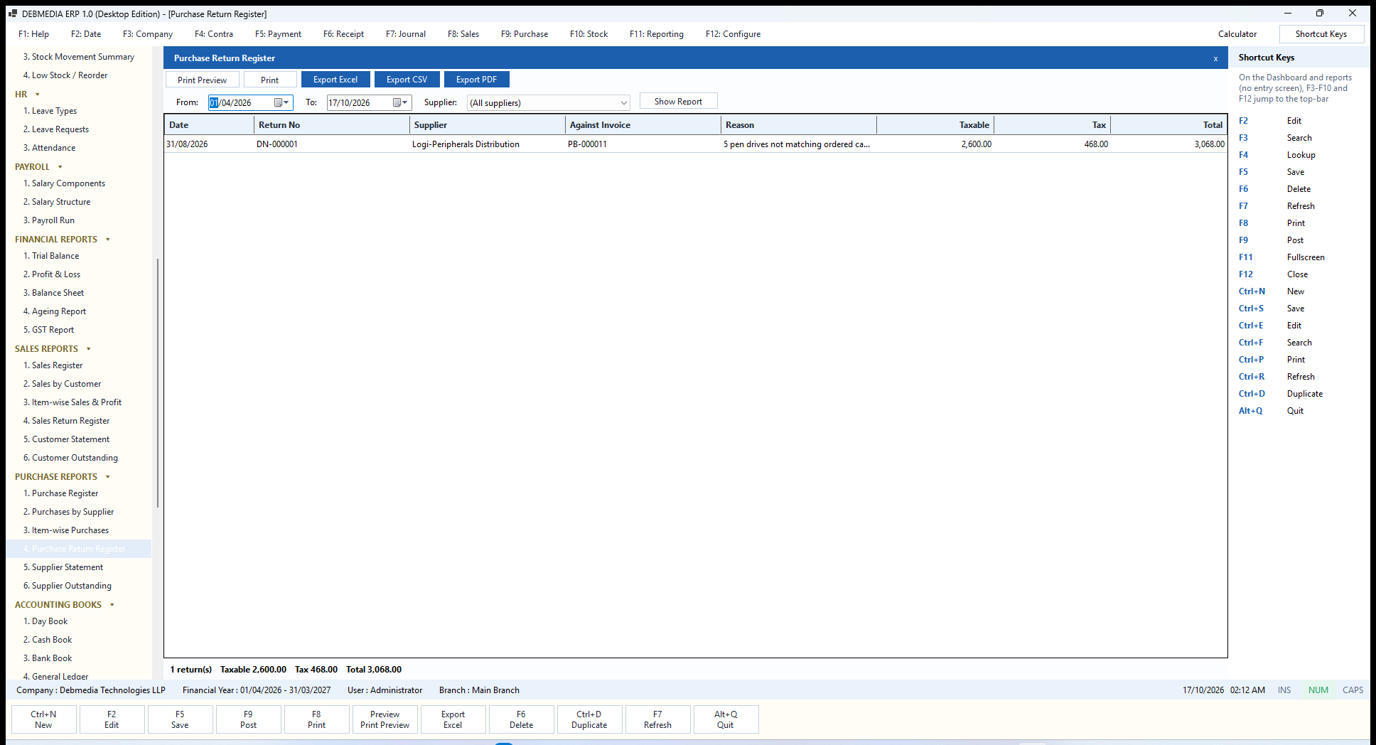 DEBMEDIA ERP Purchase Return Register: Purchase Return Register listing debit notes with the original purchase invoice and reason.