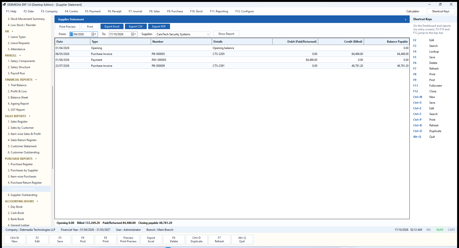 DEBMEDIA ERP Supplier Statement: Supplier Statement: opening balance, invoices, payments and a running balance payable for one supplier.