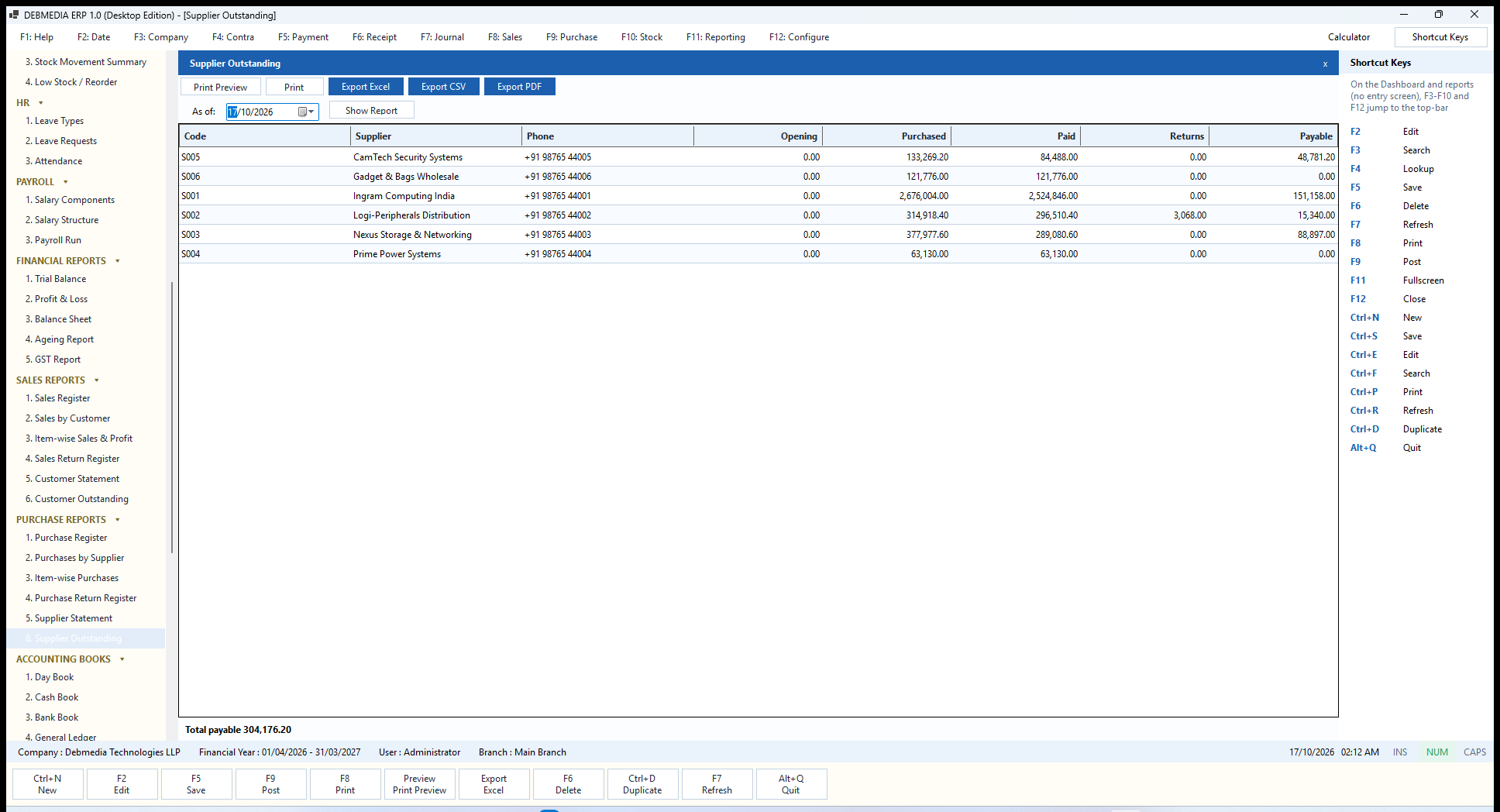 DEBMEDIA ERP Supplier Outstanding: Supplier Outstanding: purchased, paid, returned and payable per supplier.