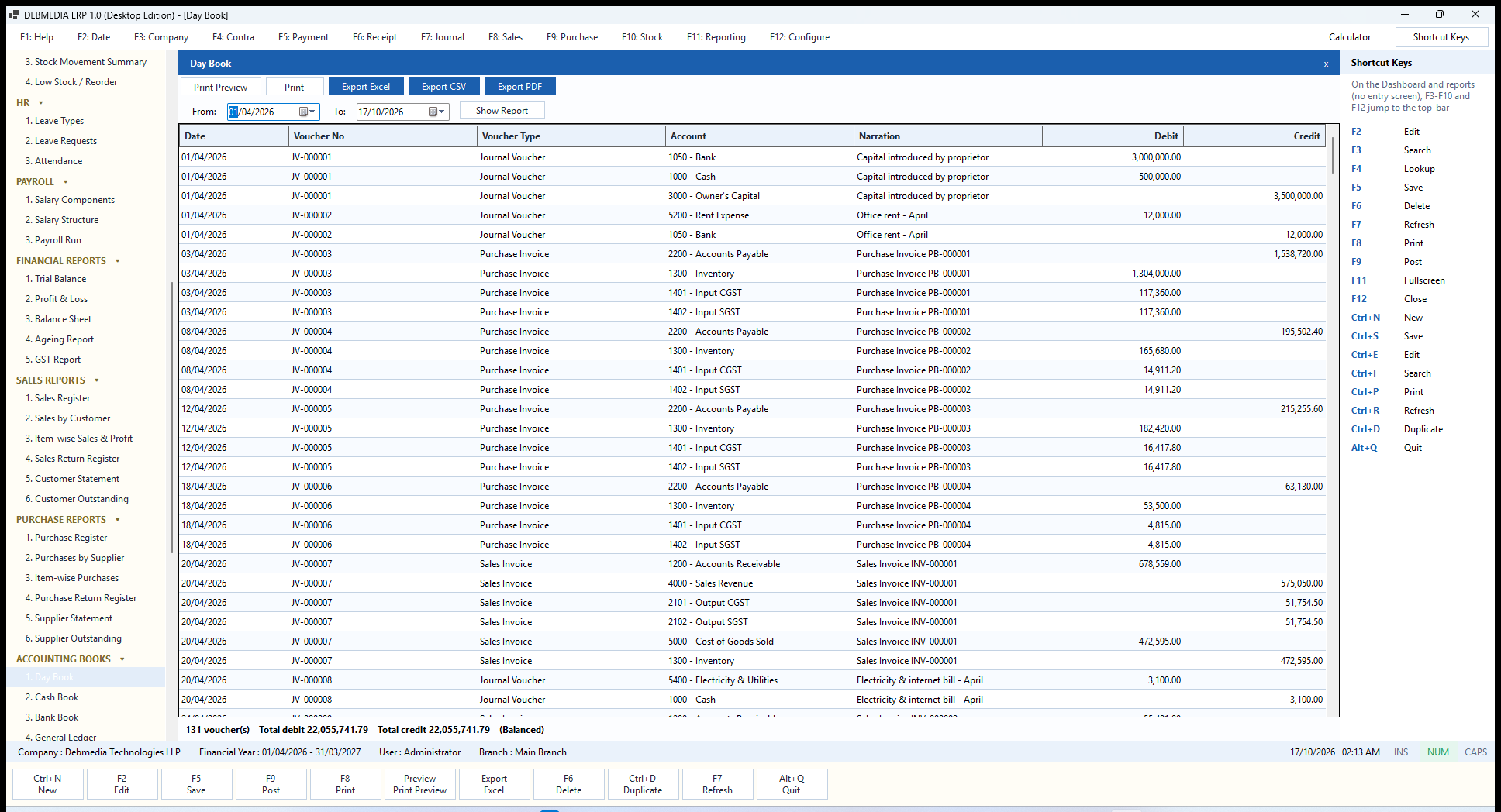 DEBMEDIA ERP Day Book: Day Book: every voucher line in date order, with account, narration, debit and credit totals.