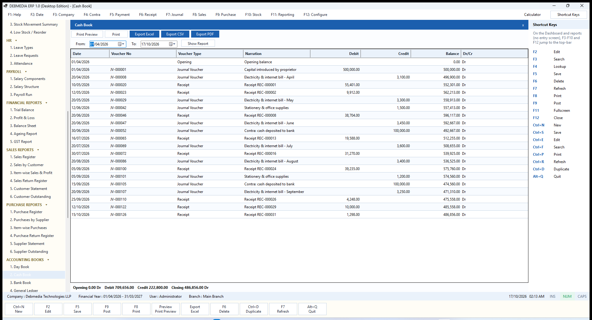 DEBMEDIA ERP Cash Book: Cash Book with a running balance and Dr/Cr marker for the Cash account.