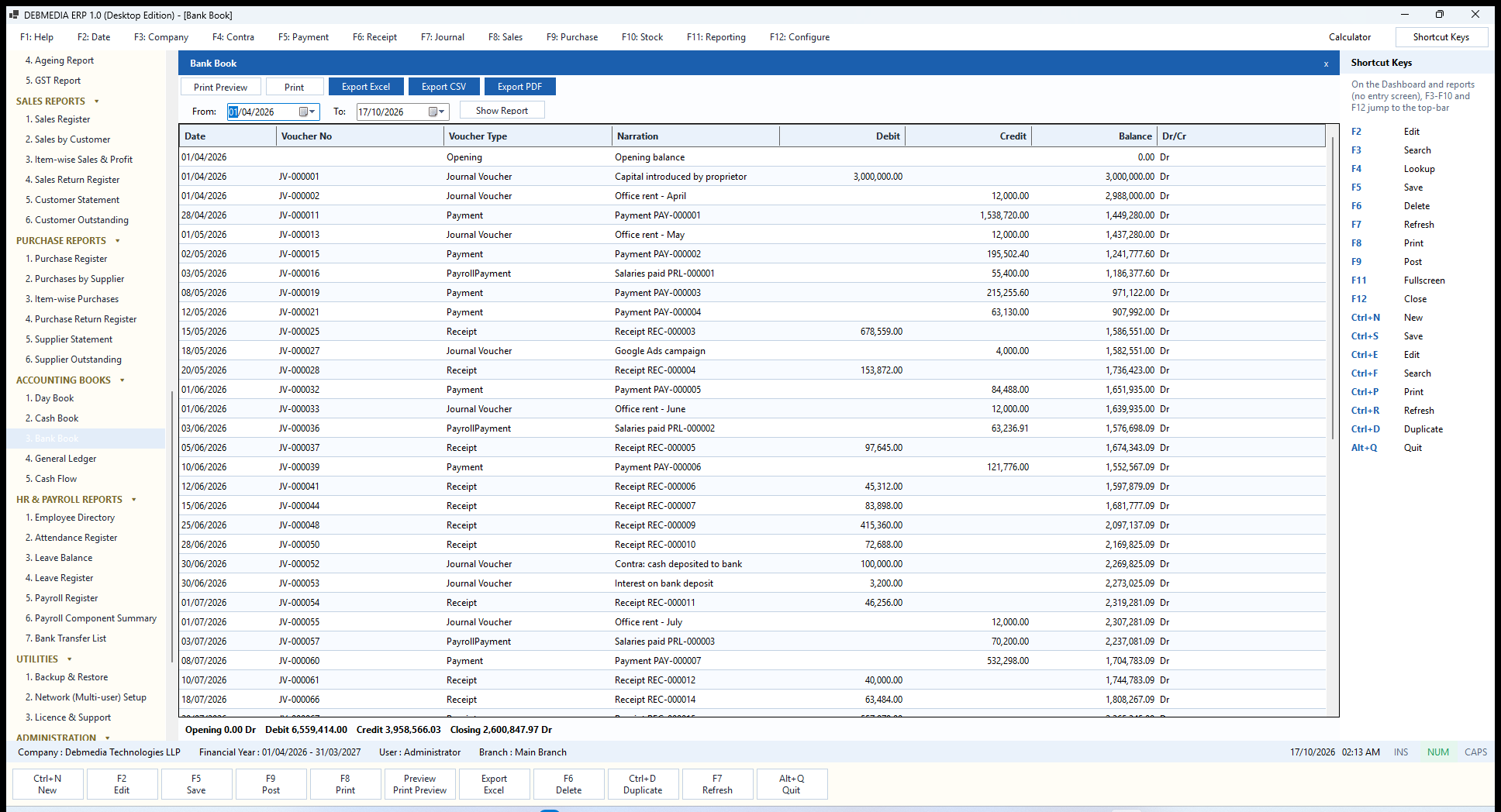 DEBMEDIA ERP Bank Book: Bank Book with a running balance and Dr/Cr marker for the Bank account.