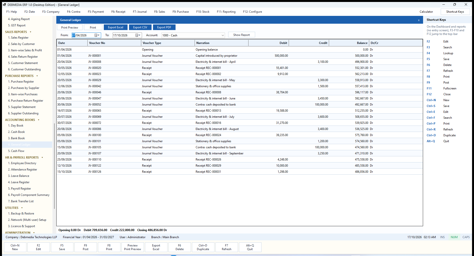DEBMEDIA ERP General Ledger: General Ledger for any one account, with opening balance, running balance and closing balance.